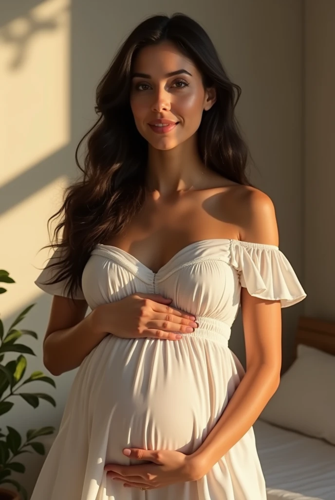 One girl,High resolution, high quality, masterpiece, mxmk white dress, Bare shoulders, Purple eyes, White Dress, Braiding, impact, Beach、Pregnant women、Looking at me with a smile