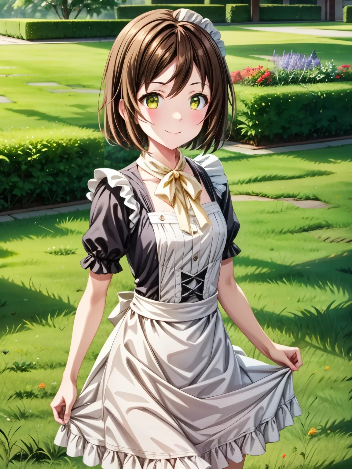  high resolution,  top quality ,  super high quality  ,3D Images,A _Hatayama 、 one girl、solo 、 shot from the front 、  super high image quality ,smile、  Physically Based Rendering 、 Beautiful Yellow Eyes 、  shortcuts、  brown hair 、garden、 Beautiful flower-blooming grassland、 maid clothes 、(victorian maid:1.2),( Genuine、 photograph、 real)、  cowboy shot 、 Skirt Hold 