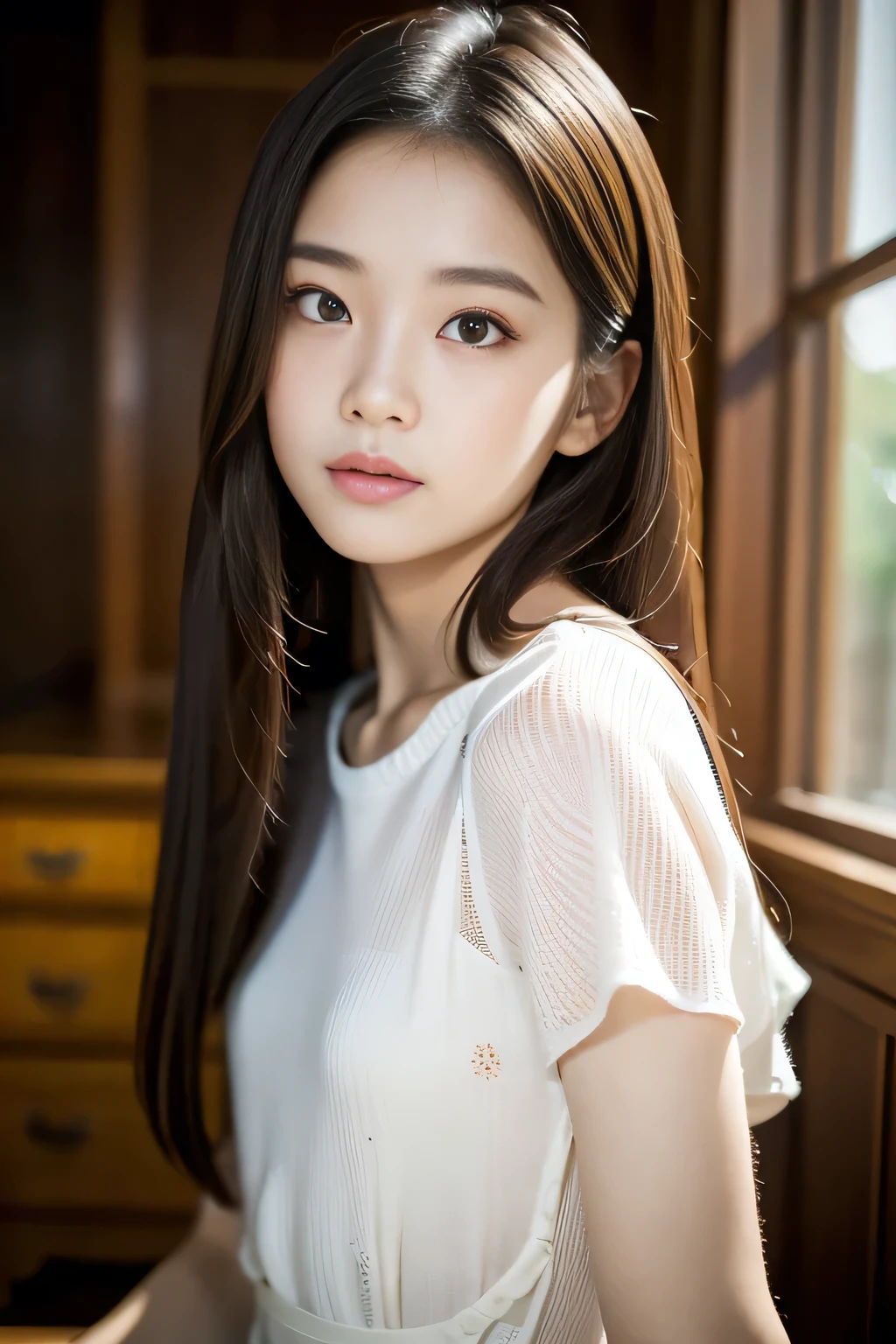  top quality ,  focus on face , Soft light,  Super high resolution , ( photorealistic:1.4),  RAW photos ,
 1 Japanese girl, Alone,  cute, (pupil,  light in the eyes ),   Detailed Beautiful Face , ( small breasts),( high resolution human skin texture details),
( long hair),
indoor,
 damask shirt dress,
( Portrait)