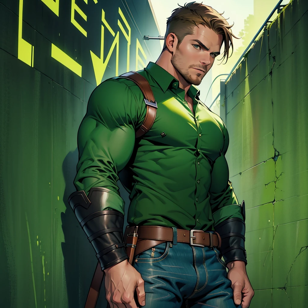 Best quality, masterpiece, ultra high res,detailed background,realistic,illustration,shot,solo,1boy,muscular male,beard,police uniform, (((stephen amell  with open shirt))), erotic, ripped pants,street,muscular,facial hair,volumetric lighting,depth of field，short hair, stocky bara, stocky burly