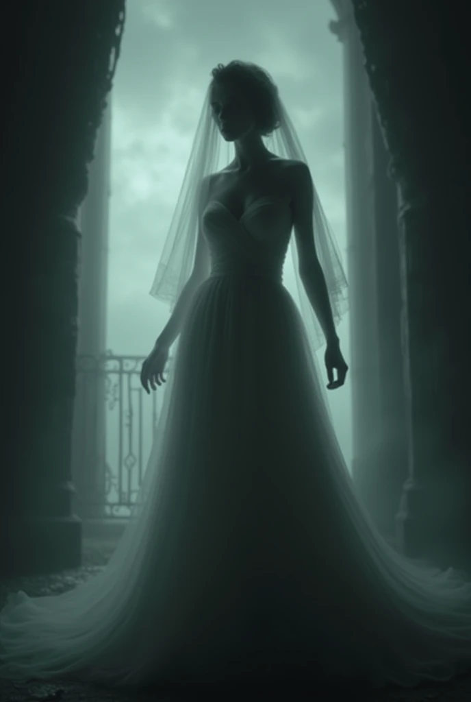 A shadowy, translucent figure of a woman in a vintage dress appearing at the end of a dark corridor, with a sad and sorrowful expression.