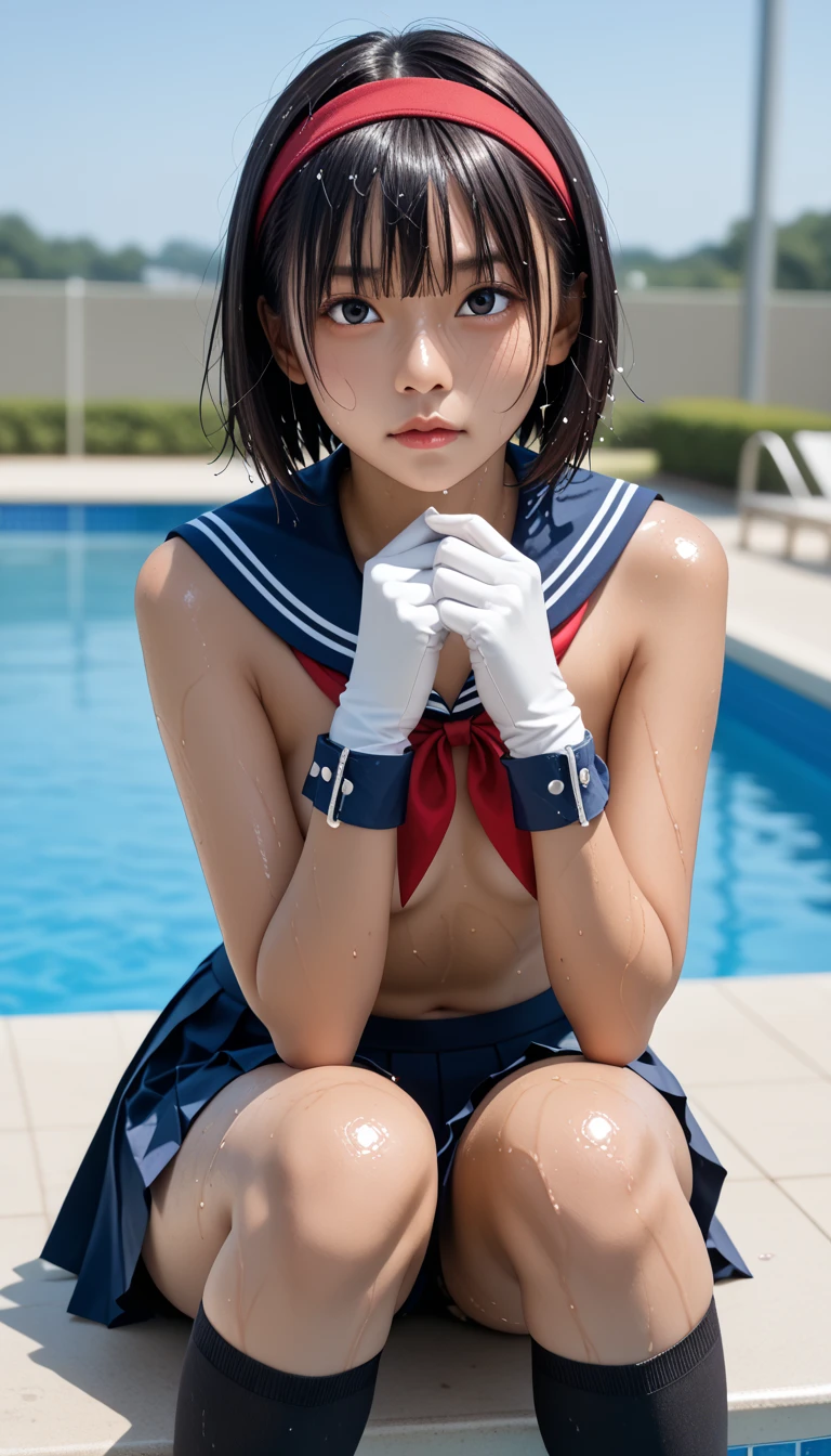  Wet 1 Japanese Female Middle School Student 、masterpiece 、  top quality  、 Super high resolution、 realistic、 beautiful lighting arranged in an orderly manner、  RAW photos 、4K Ultra HD、  super detailed face、Clear Face、Detailed eye、 beautiful eyes、(Gaze sideways)、1080P、 tan dark skin 、 black hair,   wet hair、 short bob cut , bangs、 Ponytail、 horny 、 young gravure idol who lost weight、((( small chest with tension、Separated Breasts 、 tight breasts)))、((( wet hair )))、(( blue sky、small outdoor pool 、 blur background))、(((Wet Japanese Female Middle School Student 、 red headband、 white gloves、dark blue cuffs 、 navy sailor color 、 wet pleated skirt 、 black knee socks、Wear black shorts)))、 Japanese Female Middle School Student Wearing Wet School Uniform、(
Sitting cross-legged、 poolside、 full body shot ))、 ((( EXTREME FACE UP SHOT )))、( perfect anatomy)、 break ((Upper eyelid))、((( midi skirt)))、 thin beautiful thighs 、 beautifully manicured hair 、 oily skin 、Five fingers