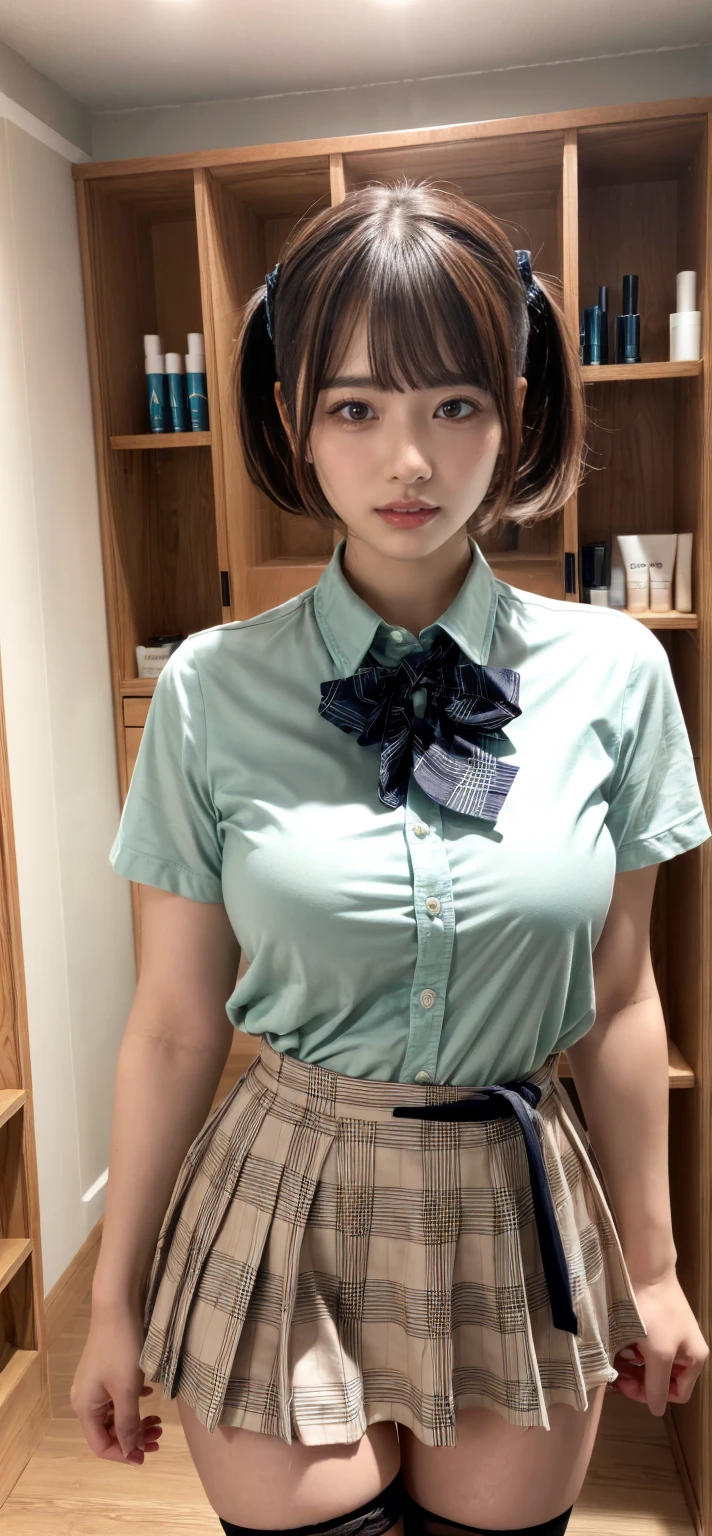 masterpiece, best quality, illustration, Super detailed, fine details, High resolution, 8K,wall paper, perfect dynamic composition,(Details High quality, realistic depiction of eyes:1.3), (collared shirt:1.1), pleated skirt, knee high socks, plump breast, saggy breasts、expresses the roundness and softness of your chest, Don't expose it, short bob hair, black hair color, Big Natural Color Lip, (perfect body shape), crying a little、20 year old girl、cute type、beautiful legs, hotel room, Gravure Idol,  large hip, getting pounded from behind, on all fours