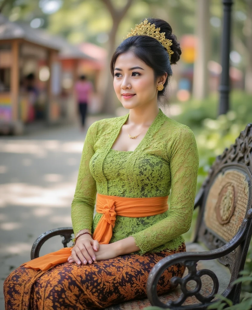 An Indonesian woman wearing a green kebaya dab and wearing a Majapahit crown sits in a street park chair in Malioboro city Yogyakarta Indonesia.