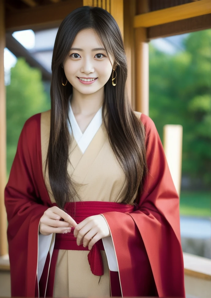 Red kimono，Festive attire， pray at the shrine， a very beautiful Japanese woman ，23 years old， brown hair，大きなchest， beautiful feet， One Girl , solo,  high resolution, chest,  long hair,  eye catching ,  high resolution, masterpiece,  anatomically correct,  detail , 高い detail ,  Ultra Fine,  Textured Skin,  brown hair, 大きなchest,  earrings for women with first name,  smiles,  New Year，first visit of the year to a shrine