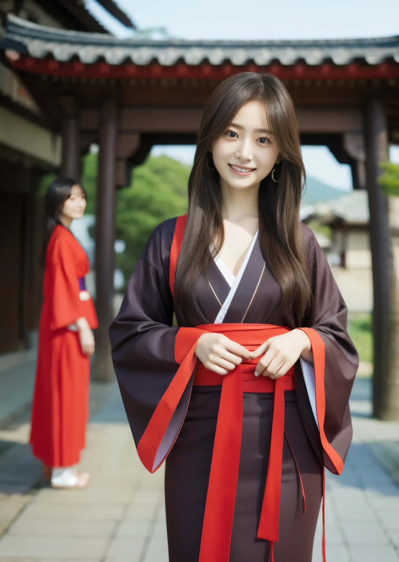 Red kimono，Festive attire， pray at the shrine， a very beautiful Japanese woman ，23 years old， brown hair，大きなchest， beautiful feet， One Girl , solo,  high resolution, chest,  long hair,  eye catching ,  high resolution, masterpiece,  anatomically correct,  detail , 高い detail ,  Ultra Fine,  Textured Skin,  brown hair, 大きなchest,  earrings for women with first name,  smiles,  New Year，first visit of the year to a shrine