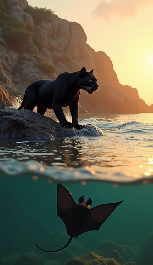A giant cat stalks a bikini clad woman, beach by moonlight