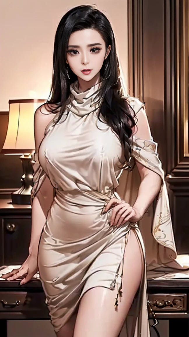 Beautiful woman 40 years old wavy black hair muscular body perfect breasts silver evening dress standing smiling red lips view from below
