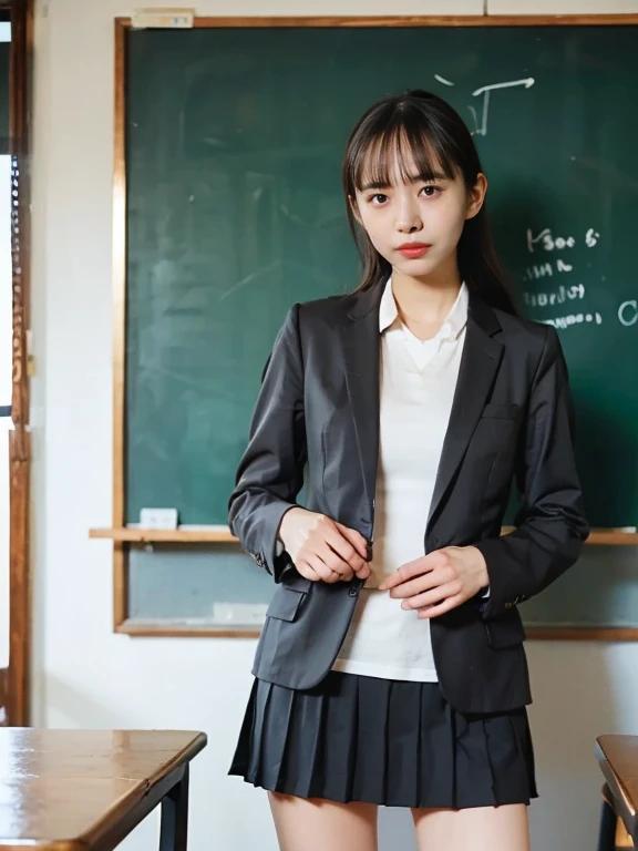 nsfw,mini skirt,school uniform,blazer,panty shot,lift up skirt,(:1.5),standing,cute face,from front,looking at viewer,indoor,in the classroom,high quality,photorealistic,masterpiece,highly detailed,japanese