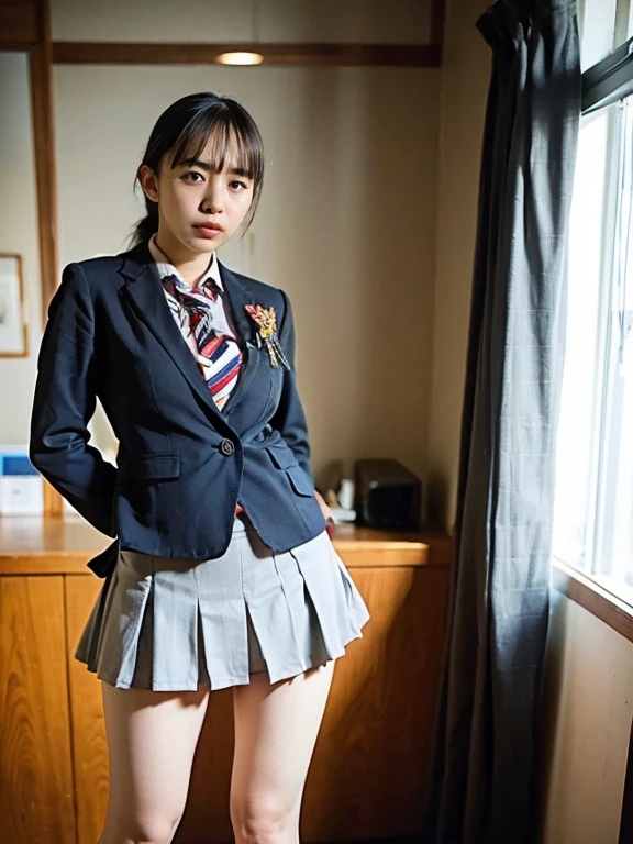 nsfw,mini skirt,school uniform,blazer,panty shot,lift up skirt,(:1.5),standing,cute face,from front,looking at viewer,indoor,in the classroom,high quality,photorealistic,masterpiece,highly detailed,japanese