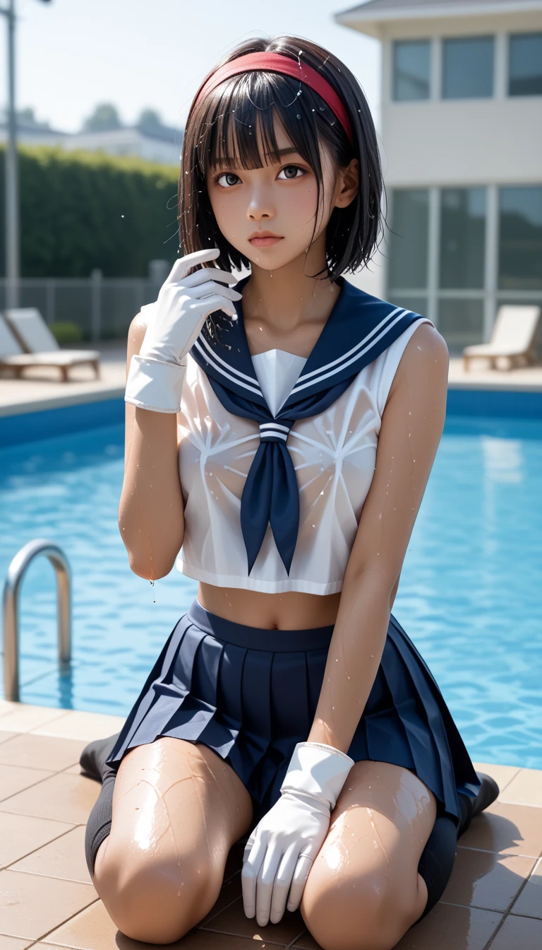  Wet 1 Japanese Female Middle School Student 、masterpiece 、  top quality  、 Super high resolution、 realistic、 beautiful lighting arranged in an orderly manner、  RAW photos 、4K Ultra HD、  super detailed face、Clear Face、Detailed eye、 beautiful eyes、(Gaze sideways)、1080P、 tan dark skin 、 black hair,   wet hair、 short bob cut , bangs、 Ponytail、 horny 、 young gravure idol who lost weight、((( small chest with tension、Separated Breasts 、 tight breasts)))、((( wet hair )))、(( blue sky、small outdoor pool 、 blur background))、(((Wet Japanese Female Middle School Student 、 red headband、 white gloves、Navy Sailor Cuffs、 navy sailor color 、 wet pleated skirt 、 black knee socks、Wear black shorts)))、 Japanese Female Middle School Student Wearing Wet School Uniform、(
Sitting cross-legged、 poolside、 full body shot ))、 ((( EXTREME FACE UP SHOT )))、( perfect anatomy)、 break ((Upper eyelid))、((( midi skirt)))、 thin beautiful thighs 、 beautifully manicured hair 、 oily skin 、Five fingers