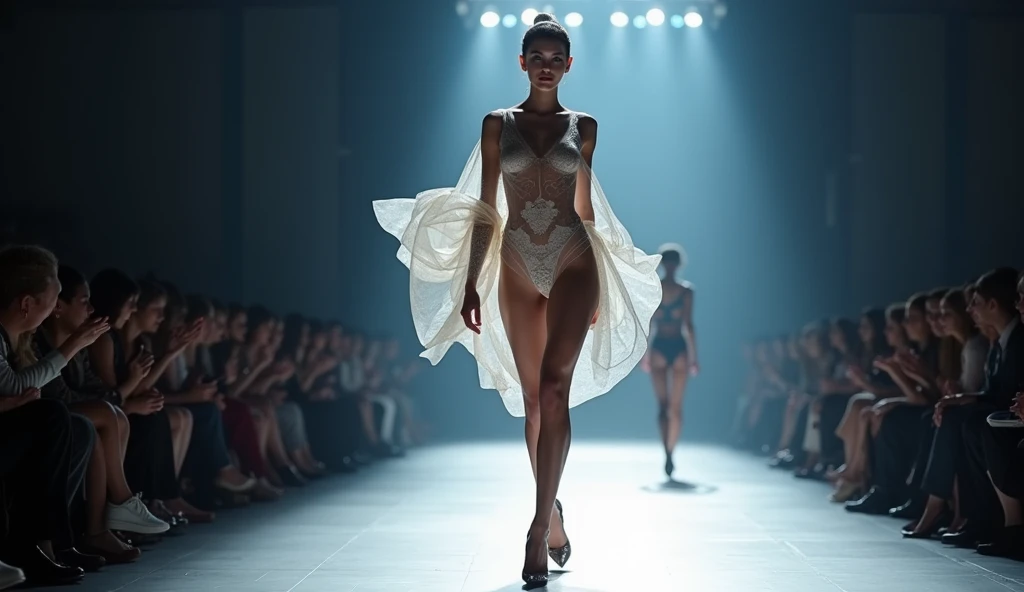 (Daisy Ridley, age 25), is doing a sultry, smoldering, model walk on the runway as a bikini model. magic of love, desire, (Ultra High detail, realistic, photo realistic, show her from head to toe, full body on display, no nudity, safe for work)