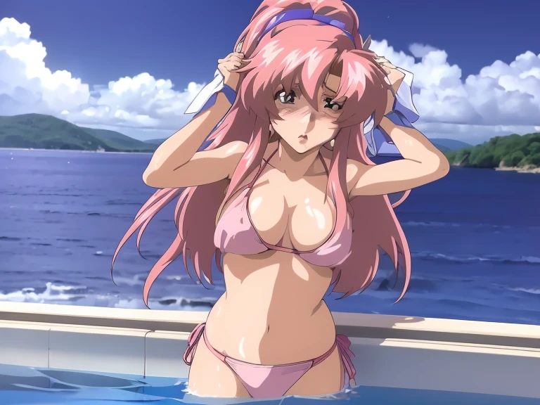 Master piece,best quality,nsfw,LacusClyne (GUNDAM SEED) LORA((untied bikini,bare breasts,show off nipple,surprised blush,wet skin,show off nipple,breasts hold)),on sea