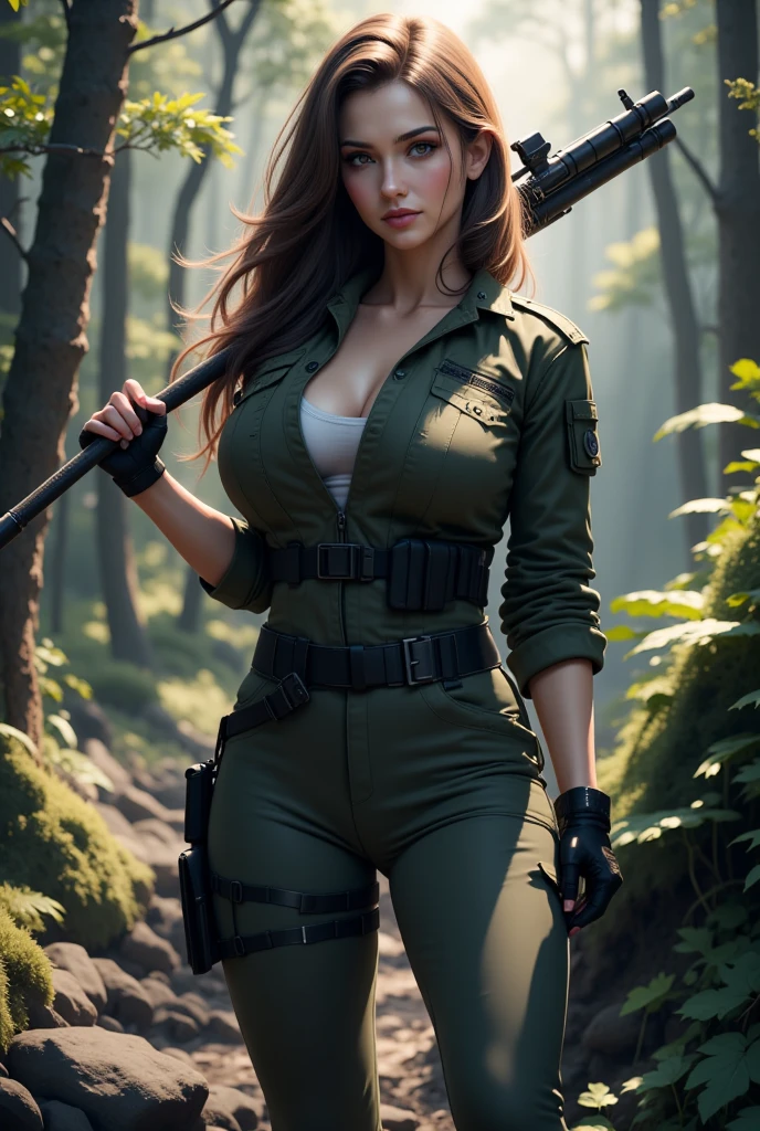 by the confusion, but currently, as
"Draw an enchanting scene with a fearless huntress in the heart of the forest. She is dressed in practical hunting clothes, displaying her medium breasts a mix of elegance and practicality. Her hair is slightly tousled by the wind, and her determined gaze reveals an unshakable confidence . The light filtering through the trees highlights her graceful stance as she wields her weapon deftly. The surrounding landscape is rich in natural detail, with lush foliage and animal cues in the land. Captures the essence of a sexy huntress who is both a master of the art of hunting and a remarkable presence in nature."