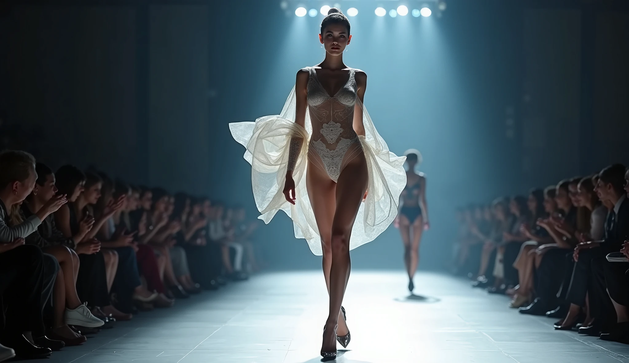 (Daisy Ridley, age 25), is doing a sultry, smoldering, model walk on the runway as a bikini model. magic of love, desire, (Ultra High detail, realistic, photo realistic, show her from head to toe, full body on display, no nudity, safe for work)