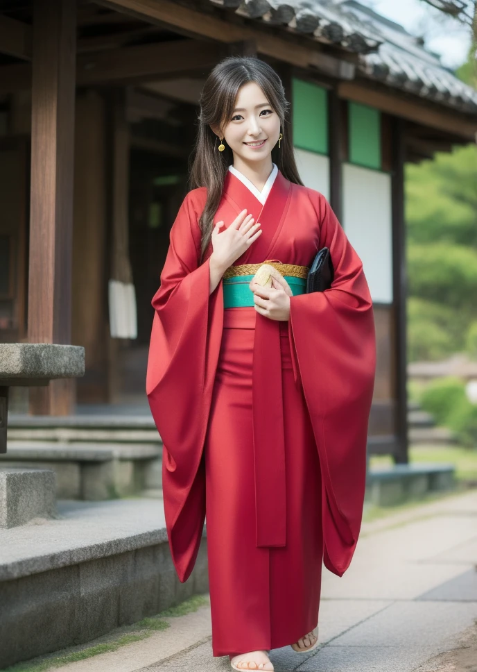 Two Japanese women，((Red kimono))，Festive attire，( pray at the shrine)， a very beautiful Japanese woman ，23 years old， brown hair，大きなchest， beautiful feet， One Girl , solo,  high resolution, chest,  long hair,  eye catching ,  high resolution, masterpiece,  anatomically correct,  detail , 高い detail ,  Ultra Fine,  Textured Skin,  brown hair, 大きなchest,  earrings for women with first name,  smiles,  New Year，first visit of the year to a shrine