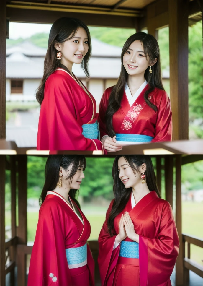 Two Japanese women，((Red kimono))，Festive attire，( pray at the shrine)， a very beautiful Japanese woman ，23 years old， brown hair，大きなchest， beautiful feet， One Girl , solo,  high resolution, chest,  long hair,  eye catching ,  high resolution, masterpiece,  anatomically correct,  detail , 高い detail ,  Ultra Fine,  Textured Skin,  brown hair, 大きなchest,  earrings for women with first name,  smiles,  New Year，first visit of the year to a shrine