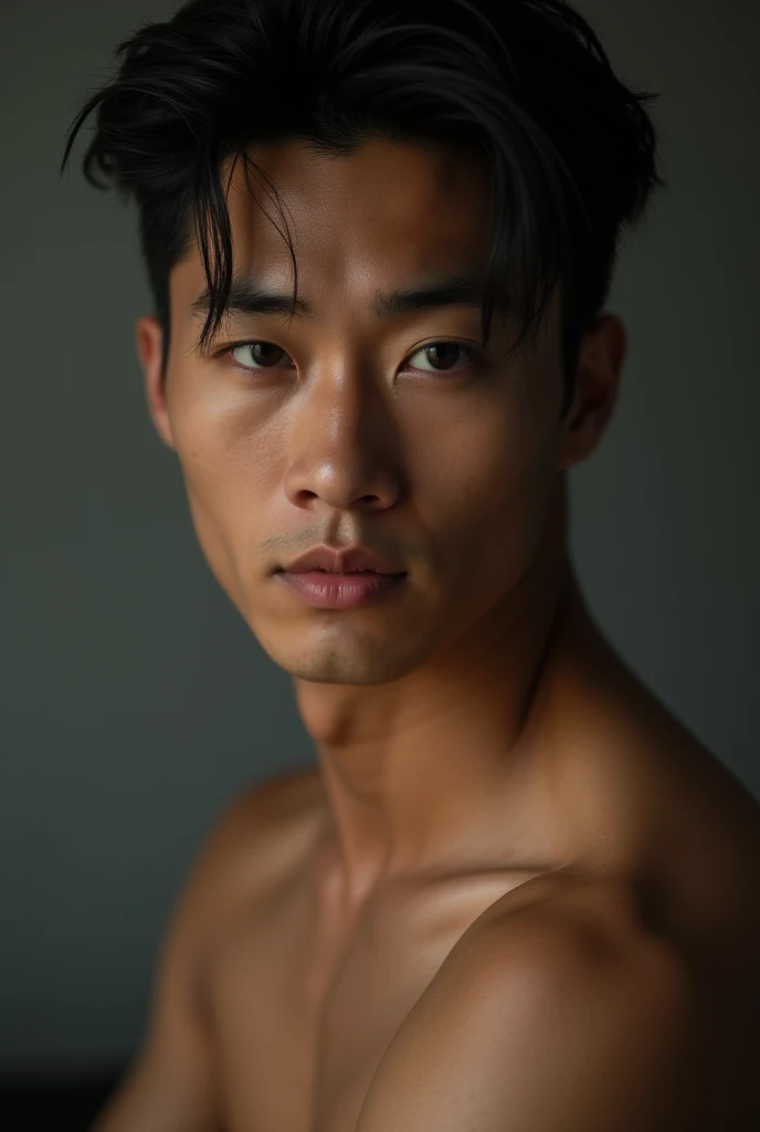 Masterpiece, detailed, 8k, a delicate and graceful portrait of a young handsome indonesian male, shirtless, black hair, beautiful eyes, super detailed face, hairy armpits, tanned skin, dramatic lighting, fierce expression 
