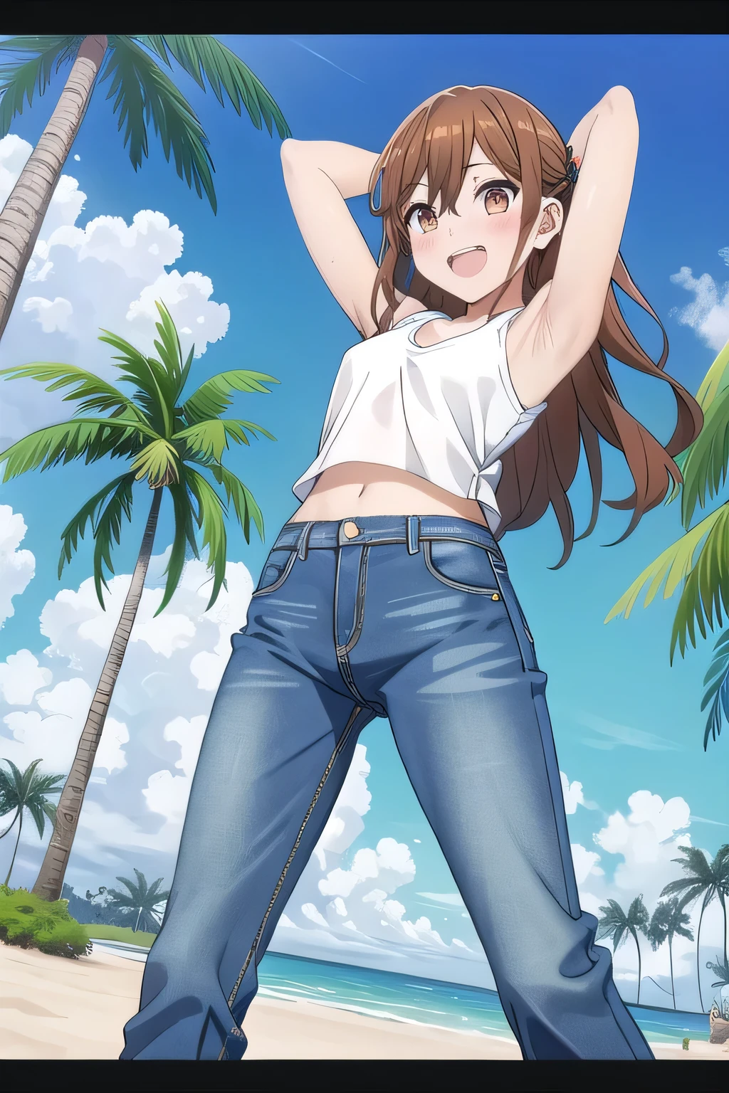 masterpiece,best quality,ultra detail,1girl, yo, pee, ((round face, ecstasy, orgasm face, drooping eyes, shame smiling, blush)), dropping eyes, sleepy, background((under the beach, (day:1.2), palm tree, bright sky)), Hori kyouko, long hair, brown hair, arms behind head, contrapposto, spread armpits, looking at viewer,, (white tank top:1.2), (white crop top:1.2), (jeans pants:1.2, flares jeans:1.2, skinny jeans:1.2, blue jeans:1.2), standing, (legs spread:1.2), sex pose, Sweaty crotch, Steam from the crotch, from below, full medium body