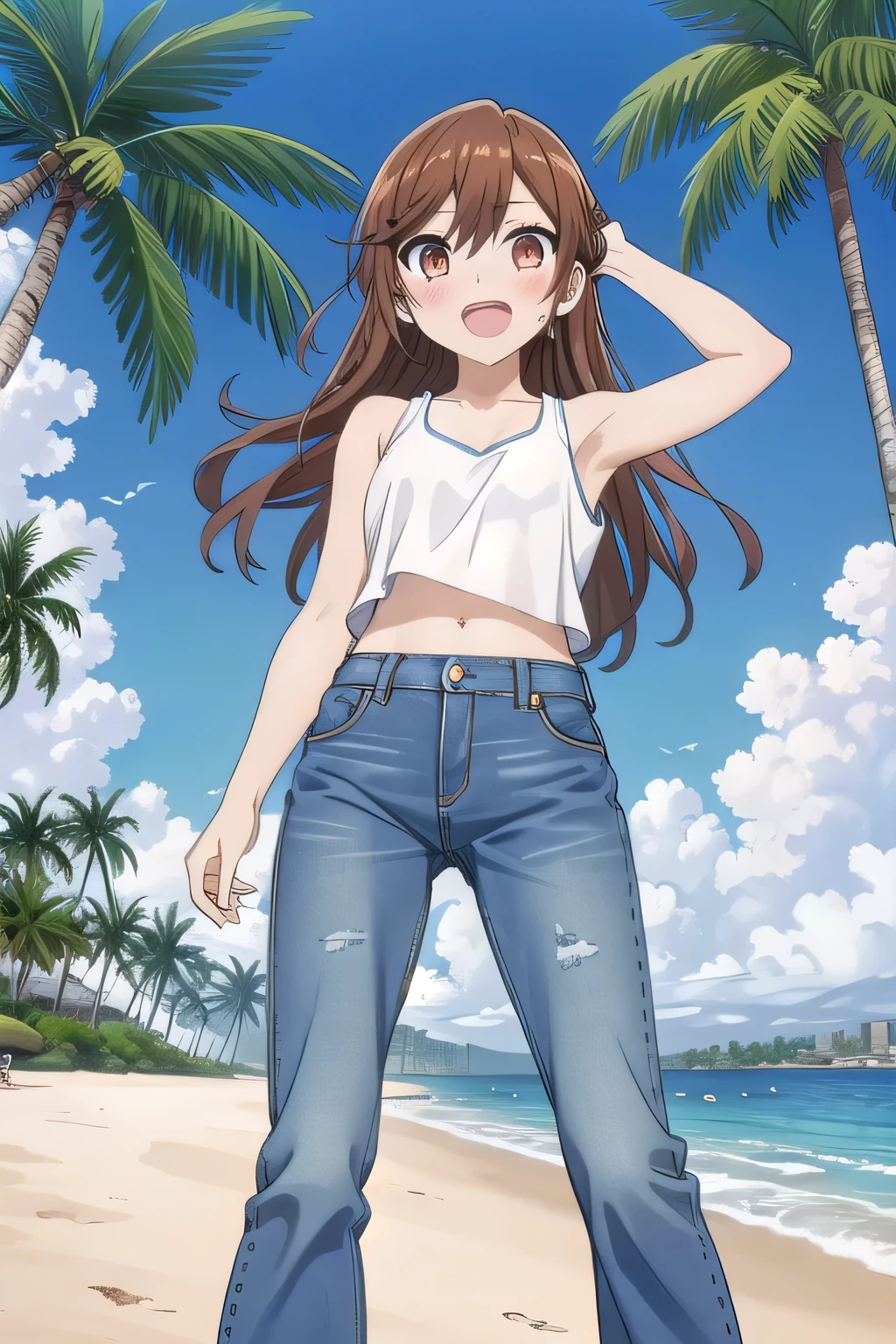 masterpiece,best quality,ultra detail,1girl, 14yo, petite, ((round face, ecstasy, orgasm face, drooping eyes, shame smiling, blush)), dropping eyes, sleepy, background((under the beach, (day:1.2), palm tree, bright sky)), Hori kyouko, long hair, brown hair, arms behind head, contrapposto, spread armpits, looking at viewer,, (white tank top:1.2), (white crop top:1.2), (jeans pants:1.2, flares jeans:1.2, skinny jeans:1.2, blue jeans:1.2), standing, (legs spread:1.2), sex pose, Sweaty crotch, Steam from the crotch, from below, full medium body