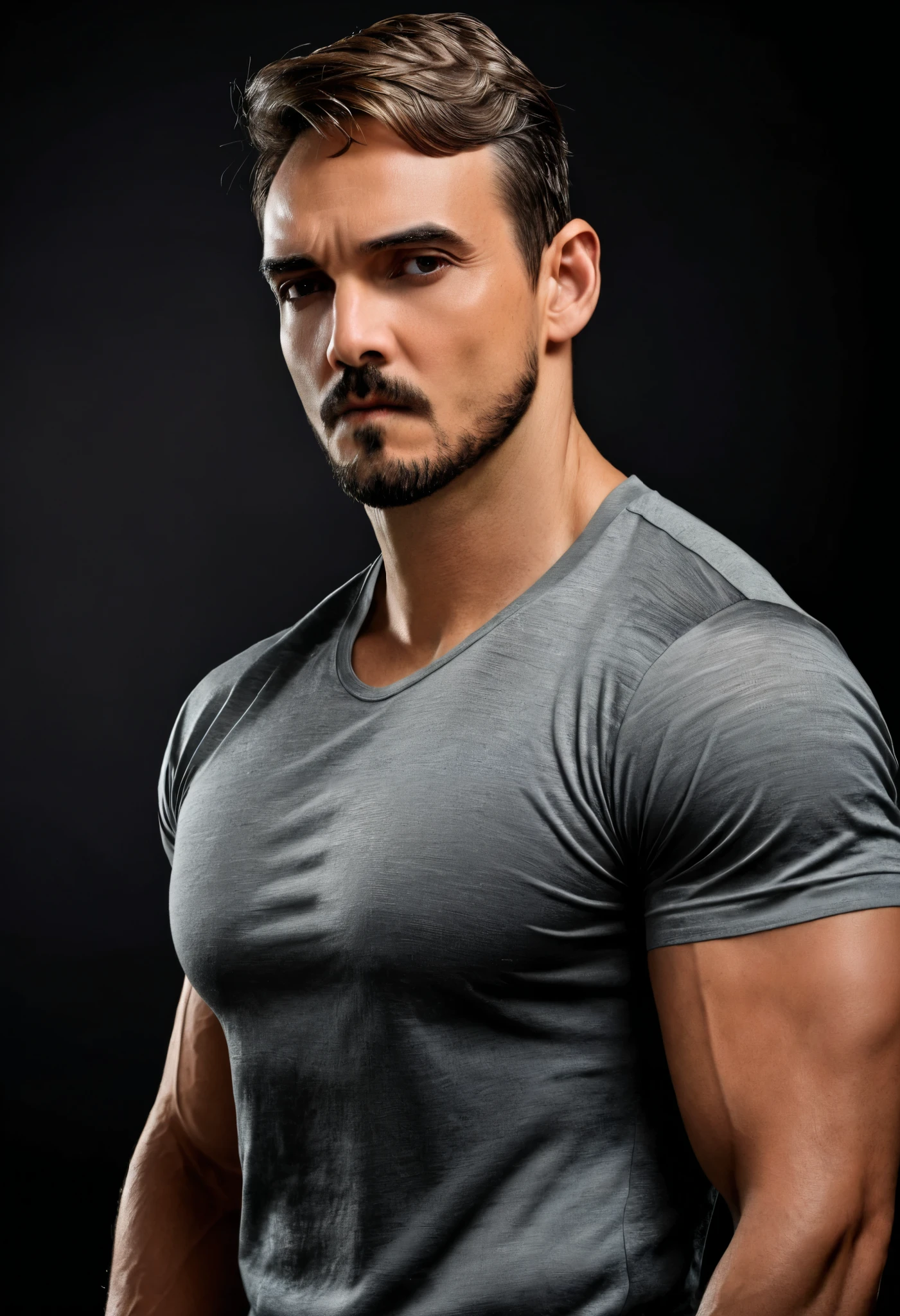 (masterpiece, best quality:1.2), a very handsome man, muscular, wearing a gray shirt, on a black background