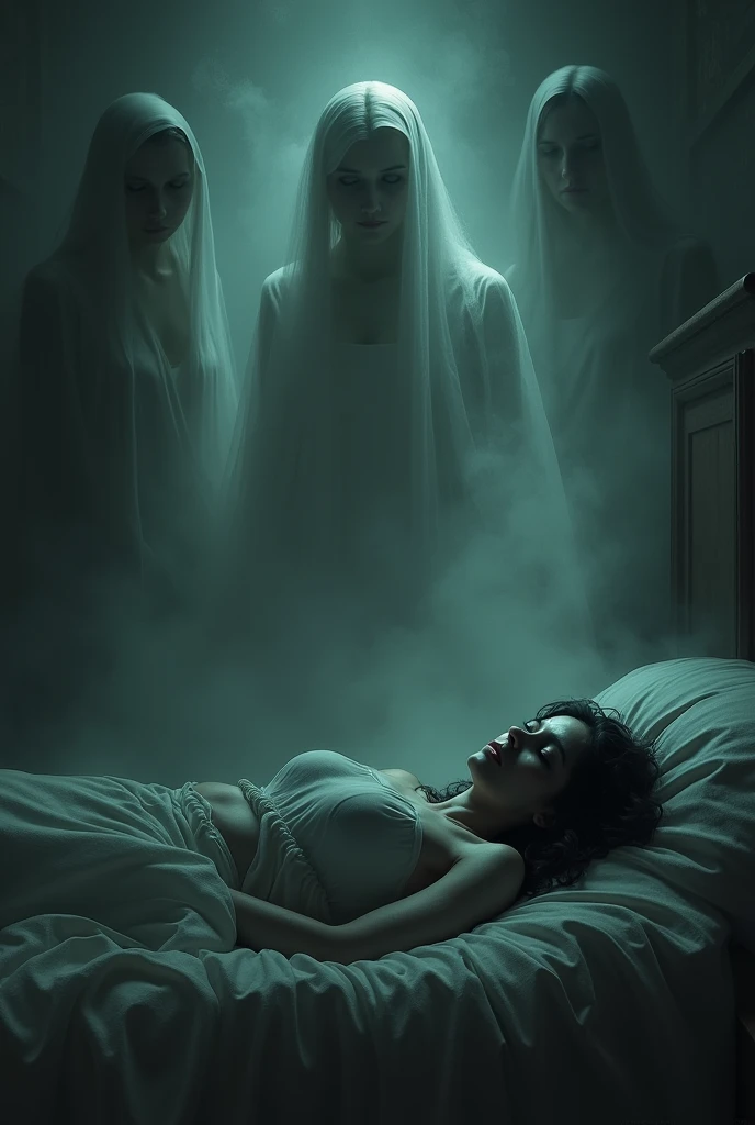 An image to illustrate the following text: 

Cuando Lizzand duerme sueña con espejos que se abren como puertas en la oscuridad.

Los que se han ido miran a través and ella sabe que la observan con ternura.

One night, ando también cruzaré el espejo, and, in silence, I will braid her hair, One by one, until the light of day discovers us together in this or another world.

Lizzand es de piel muand oscura and cabello  lacio. She sleeps in her bed.