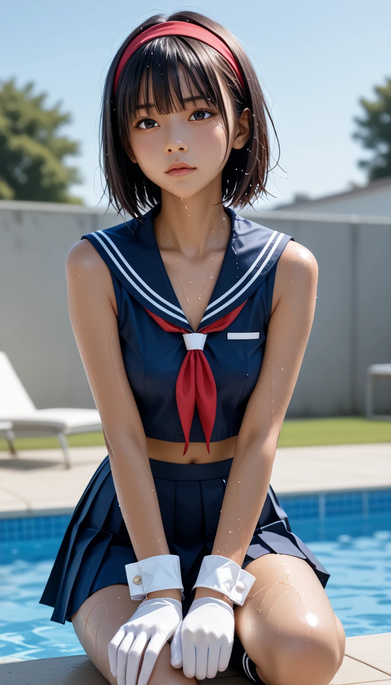  Wet 1 Japanese Female Middle School Student 、masterpiece 、  top quality  、 Super high resolution、 realistic、 beautiful lighting arranged in an orderly manner、  RAW photos 、4K Ultra HD、  super detailed face、Clear Face、Detailed eye、 beautiful eyes、(Gaze sideways)、1080P、 tan dark skin 、 black hair,   wet hair、 short bob cut , bangs、 Ponytail、 horny 、 young gravure idol who lost weight、(((Firm small breasts、Separated Breasts 、 tight breasts)))、((( wet hair )))、(( blue sky、small outdoor pool 、 blur background))、(((Wet Japanese Female Middle School Student 、 red headband、 white gloves、Navy Cuffs 、 navy sailor color 、 wet pleated skirt 、 black knee socks、Wear black shorts)))、 Japanese Female Middle School Students Wearing Wet School Uniforms、(
Sitting cross-legged、 poolside、 full body shot ))、 ((( EXTREME FACE UP SHOT )))、( perfect anatomy)、 break ((Upper eyelid))、((( midi skirt)))、 thin beautiful thighs 、 beautifully manicured hair 、 oily skin 、Five fingers