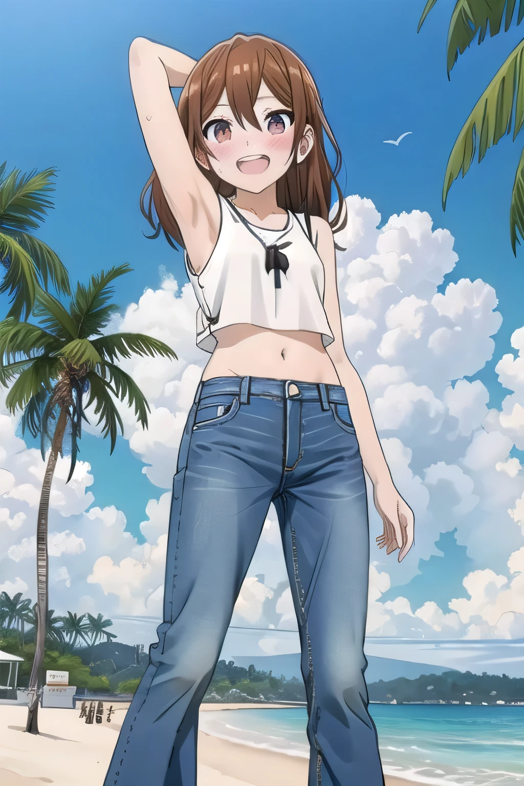 masterpiece,best quality,ultra detail,1girl, yo, pee, ((round face, ecstasy, orgasm face, drooping eyes, shame smiling, blush)), dropping eyes, sleepy, background((under the beach, (day:1.2), palm tree, bright sky)), Hori kyouko, long hair, brown hair, arms behind head, contrapposto, spread armpits, looking at viewer,, (white tank top:1.2), (white crop top:1.2), (jeans pants:1.2, flares jeans:1.2, skinny jeans:1.2, blue jeans:1.2), standing, (legs spread:1.2), sex pose, Sweaty crotch, Steam from the crotch, from below, full medium body