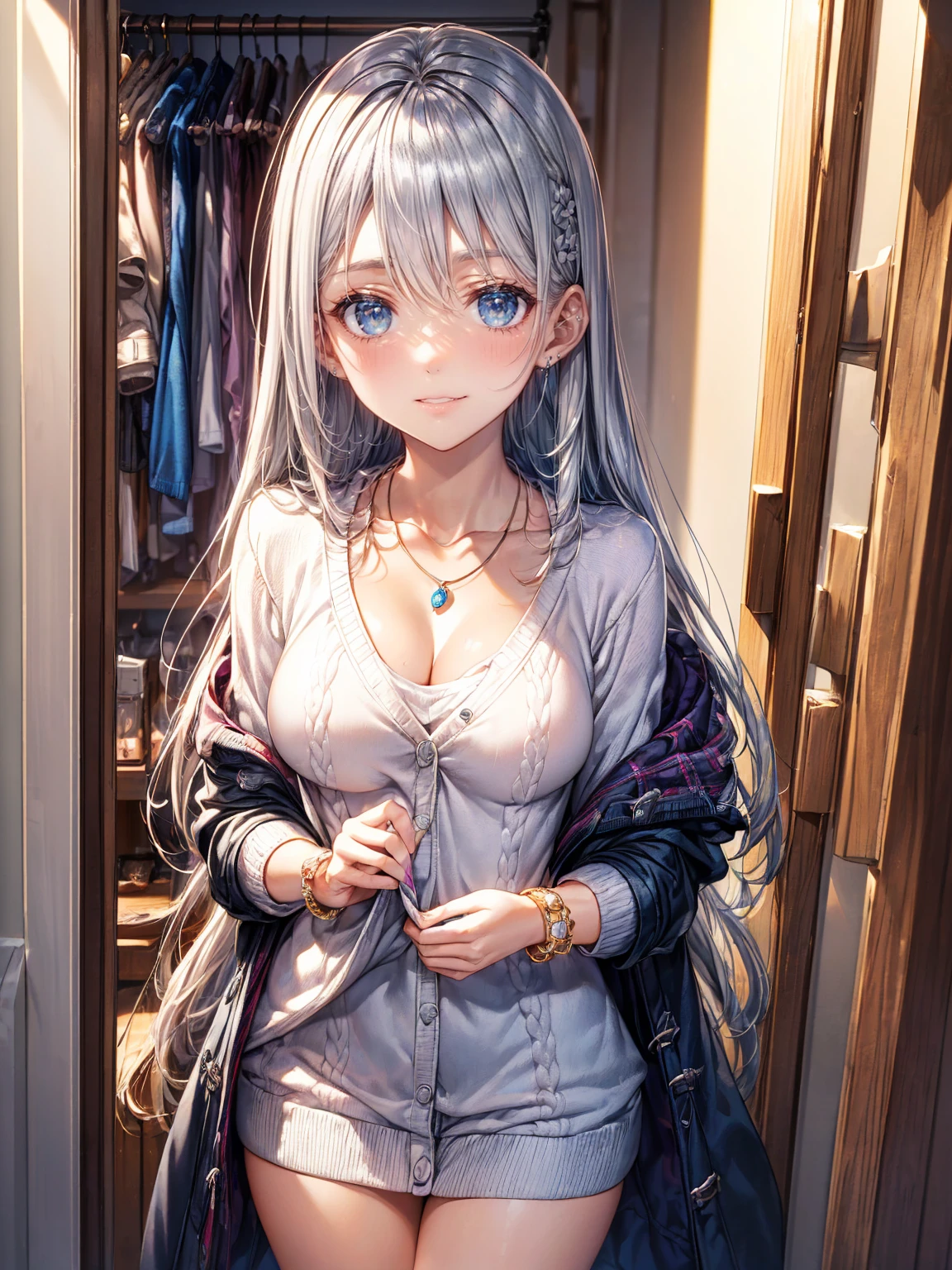 ((changing clothes in the walk-in wardrobe Before school)), BREAK, ((18-years old)), (silver long hair:1.5), reflective hair, ((focus face)), (natural skin:1.3), (natural looking makeup:1.5), (toned:1.4), ((medium breast:1.5)), BREAK, ((knit sweater)), ((duffle coat)), ((necklace, earring, bracelet), (alluring face), ((happy smile:1.5, glad:1.2, blissful:1.2)), BREAK, Ultra Detailed Face, Ultra Detailed Eyes, Round eyes, Round pupils:1.4, Very beautiful girl, BREAKE, back shot,  Backlighting by aroma candle, whole Body proportions and all limbs are anatomically accurate, BREAK, ((masterpiece)), 8k, High quality, photorealistic, rich colorful, best quality, insanely detailed, Good lighting, depth of fields, Beautiful detail glow, Complicated details, A high resolution, Extremely refined and beautiful, detailed facial, 