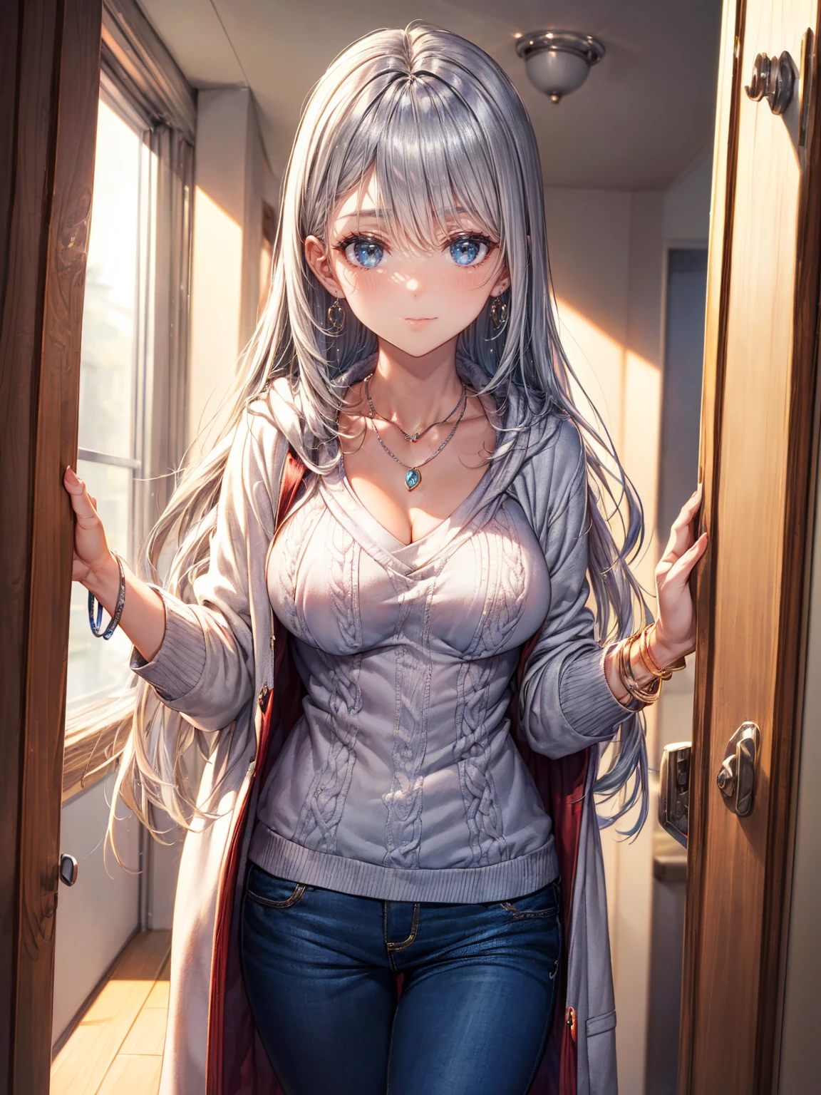 ((changing clothes in the walk-in wardrobe Before school)), BREAK, ((18-years old)), (silver long hair:1.5), reflective hair, ((focus face)), (natural skin:1.3), (natural looking makeup:1.5), (toned:1.4), ((medium breast:1.5)), BREAK, ((knit sweater)), ((duffle coat)), ((necklace, earring, bracelet), (alluring face), ((happy smile:1.5, glad:1.2, blissful:1.2)), BREAK, Ultra Detailed Face, Ultra Detailed Eyes, Round eyes, Round pupils:1.4, Very beautiful girl, BREAKE, back shot,  Backlighting by aroma candle, whole Body proportions and all limbs are anatomically accurate, BREAK, ((masterpiece)), 8k, High quality, photorealistic, rich colorful, best quality, insanely detailed, Good lighting, depth of fields, Beautiful detail glow, Complicated details, A high resolution, Extremely refined and beautiful, detailed facial, 