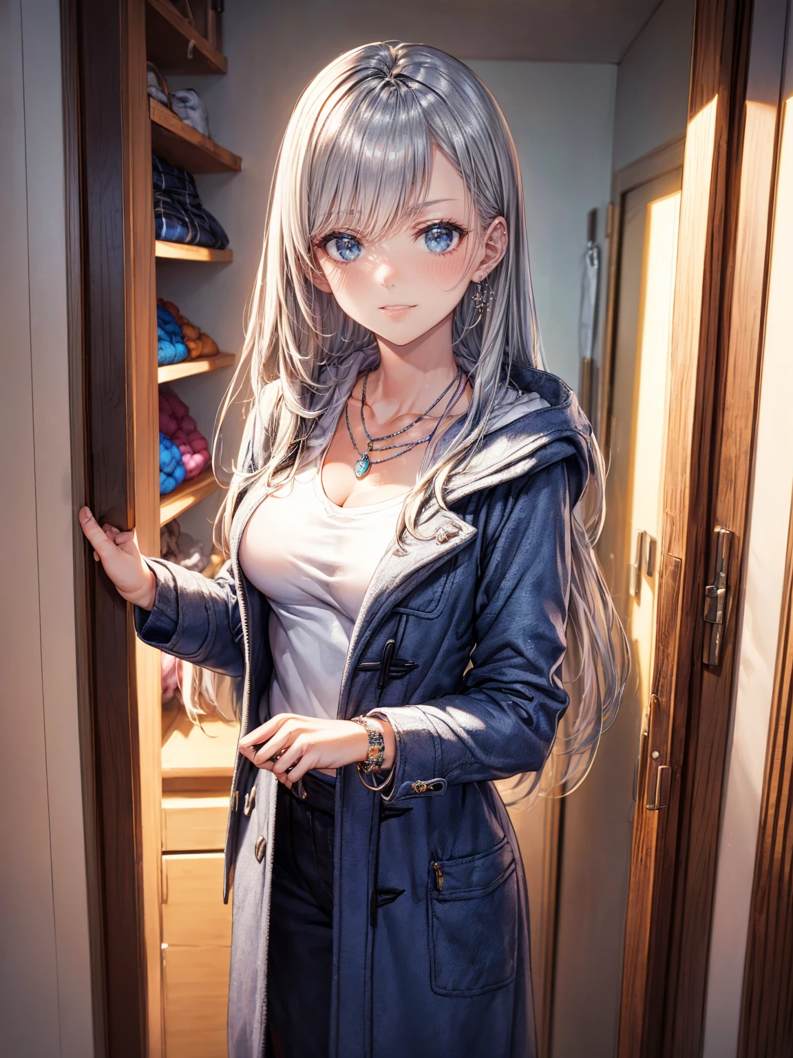 ((changing clothes in the walk-in wardrobe Before school)), BREAK, ((18-years old)), (silver long hair:1.5), reflective hair, ((focus face)), (natural skin:1.3), (natural looking makeup:1.5), (toned:1.4), ((medium breast:1.5)), BREAK, ((knit sweater)), ((duffle coat)), ((necklace, earring, bracelet), (alluring face), ((happy smile:1.5, glad:1.2, blissful:1.2)), BREAK, Ultra Detailed Face, Ultra Detailed Eyes, Round eyes, Round pupils:1.4, Very beautiful girl, BREAKE, back shot,  Backlighting by aroma candle, whole Body proportions and all limbs are anatomically accurate, BREAK, ((masterpiece)), 8k, High quality, photorealistic, rich colorful, best quality, insanely detailed, Good lighting, depth of fields, Beautiful detail glow, Complicated details, A high resolution, Extremely refined and beautiful, detailed facial, 