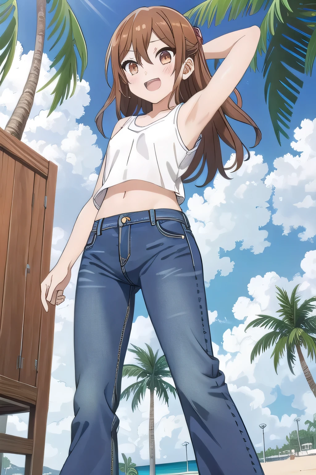 masterpiece,best quality,ultra detail,1girl, 14yo, petite, ((round face, ecstasy, orgasm face, drooping eyes, shame smiling, blush)), dropping eyes, sleepy, background((under the beach, (day:1.2), palm tree, bright sky)), Hori kyouko, long hair, brown hair, arms behind head, contrapposto, spread armpits, looking at viewer,, (white tank top:1.2), (white crop top:1.2), (jeans pants:1.2, flares jeans:1.2, skinny jeans:1.2, blue jeans:1.2), standing, (legs spread:1.2), sex pose, Sweaty crotch, Steam from the crotch, from below, full medium body