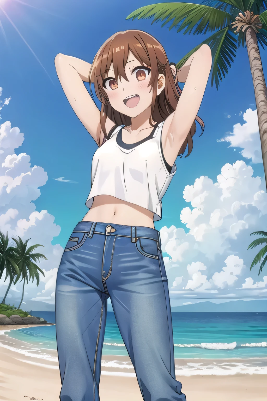 masterpiece,best quality,ultra detail,1girl, 14yo, petite, ((round face, ecstasy, orgasm face, drooping eyes, shame smiling, blush)), dropping eyes, sleepy, background((under the beach, (day:1.2), palm tree, bright sky)), Hori kyouko, long hair, brown hair, arms behind head, contrapposto, spread armpits, looking at viewer,, (white tank top:1.2), (white crop top:1.2), (jeans pants:1.2, flares jeans:1.2, skinny jeans:1.2, blue jeans:1.2), standing, (legs spread:1.2), sex pose, Sweaty crotch, Steam from the crotch, from below, full medium body