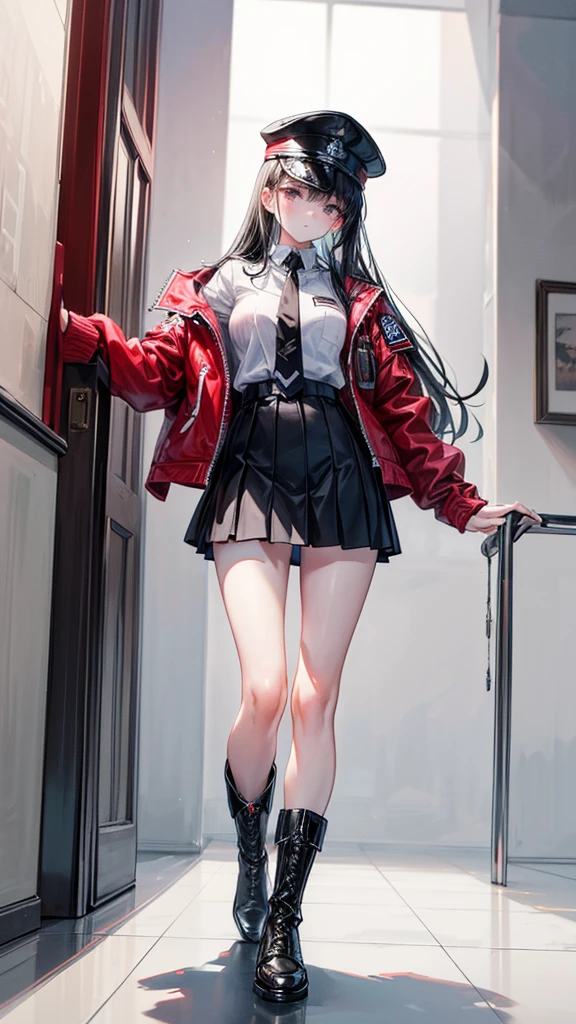 Detail image, realistic image, 1 elf. smiling. She has medium long brown hair which has strands of hair hanging over the right side of her face, large blue eyes and a delicate oval face, small breasts and a slim, curvy figure. She is wearing an off-shoulder sweater, pleated mini skirt. thin thong. sneakers. Full body view. Black background, Uniform background. Ambient light. Volumetric Light