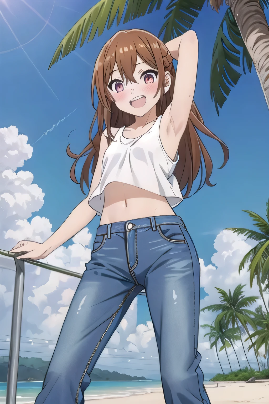 masterpiece,best quality,ultra detail,1girl, 14yo, petite, ((round face, ecstasy, orgasm face, drooping eyes, shame smiling, blush)), dropping eyes, sleepy, background((under the beach, (day:1.2), palm tree, bright sky)), Hori kyouko, long hair, brown hair, arms behind head, contrapposto, spread armpits, looking at viewer,, (white tank top:1.2), (white crop top:1.2), (jeans pants:1.2, flares jeans:1.2, skinny jeans:1.2, blue jeans:1.2), standing, (legs spread:1.2), sex pose, Sweaty crotch, Steam from the crotch, from below, full medium body