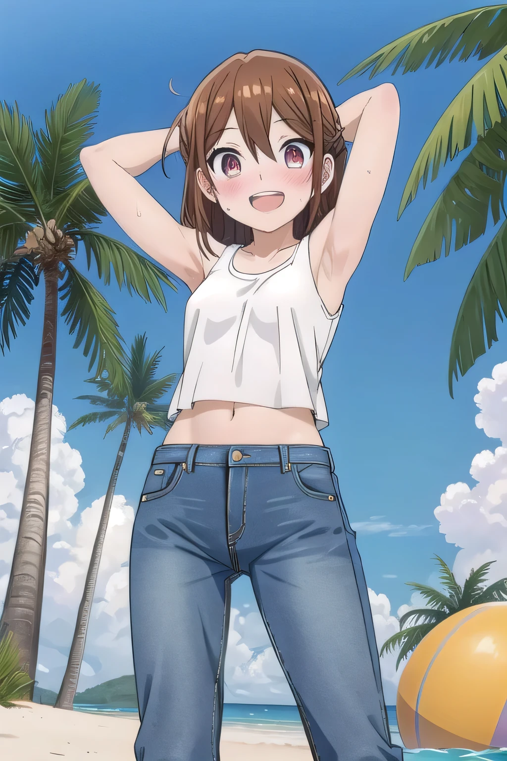 masterpiece,best quality,ultra detail,1girl, 14yo, petite, ((round face, ecstasy, orgasm face, drooping eyes, shame smiling, blush)), dropping eyes, sleepy, background((under the beach, (day:1.2), palm tree, bright sky)), Hori kyouko, long hair, brown hair, arms behind head, contrapposto, spread armpits, looking at viewer,, (white tank top:1.2), (white crop top:1.2), (jeans pants:1.2, flares jeans:1.2, skinny jeans:1.2, blue jeans:1.2), standing, (legs spread:1.2), sex pose, Sweaty crotch, Steam from the crotch, from below, full medium body