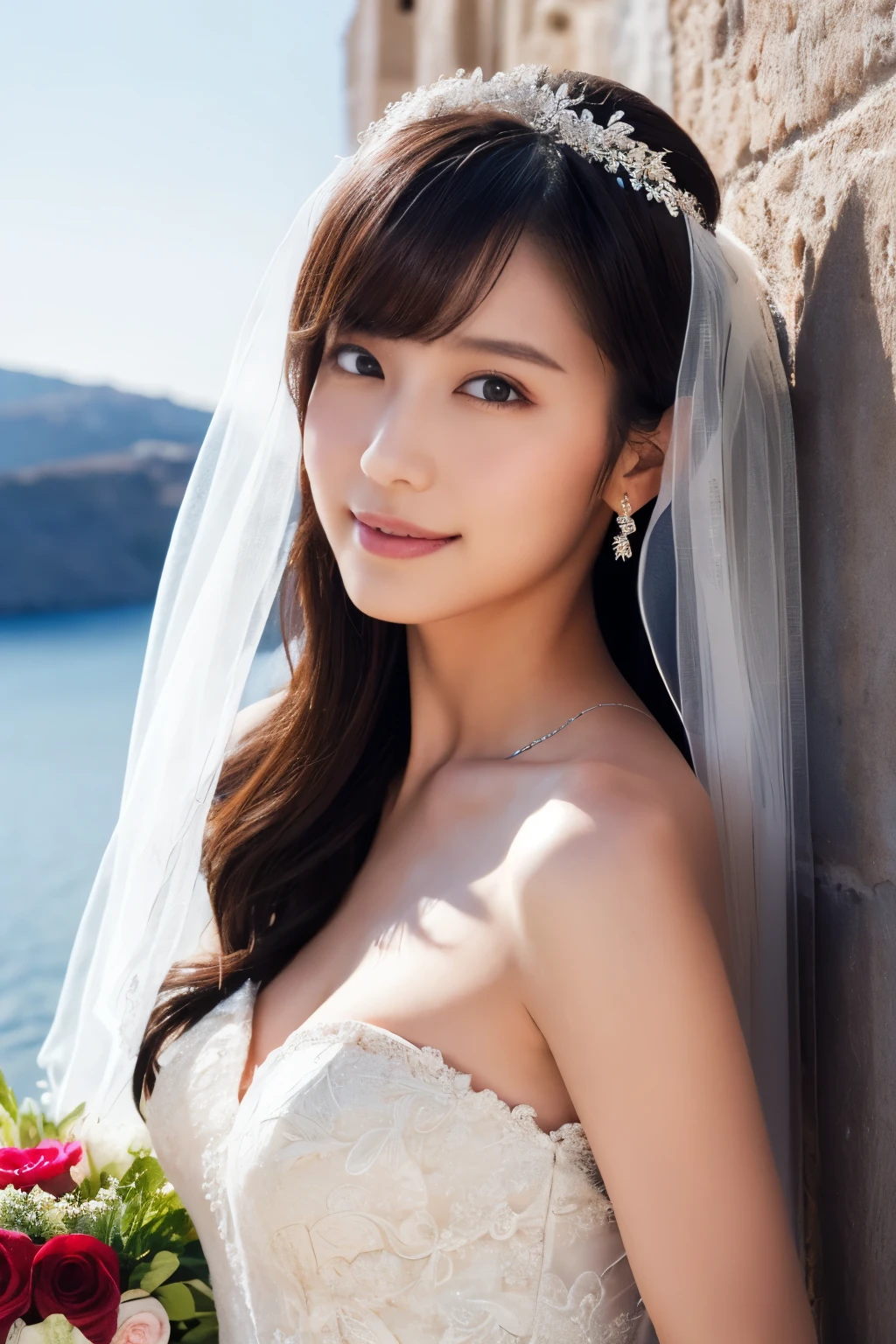 1 girl, ( wear a wedding dress:1.2), (Veil), very beautiful Japanese idol portrait, ( lying down ),
( RAW photos, top quality ), ( realistic, realistic:1.4), (masterpiece),
very delicate and beautiful , very detailed, 2k wallpaper, amazing on the beach, finely, very detailed CG Unity 8K wallpaper, very detailed, high resolution, Soft light,
girl with beautiful details wearing a navy blue blouse, very detailed目と顔, beautiful and sophisticated nose , beautiful beautiful eyes under the sun, movie lighting,
(Santorini church ), (bell), (Aegean Sea),
Perfect Anatomy , slender body, ( small breasts), (A shy smile:0.8), whole body