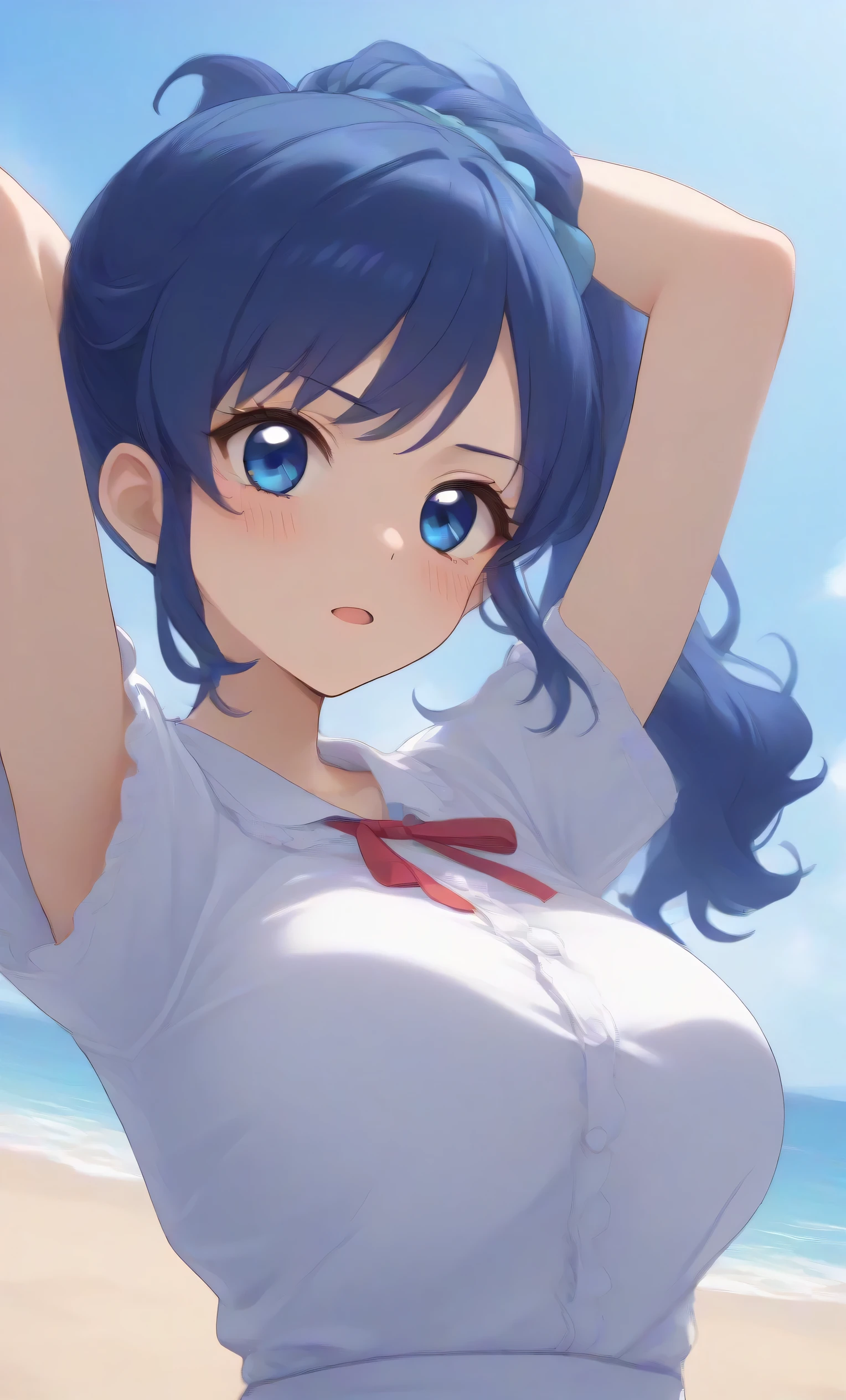 Aoi Kiriya (Aikatsu!)), 1 girl, solo, from below, (big breasts focus), (chest swaying), clothed, arms raised, :d, blushing, looking at camera, upper body, ( beach), (super detailed; 1.3 ), perfect anatomy, blue hair, side ponytail, blue eyes