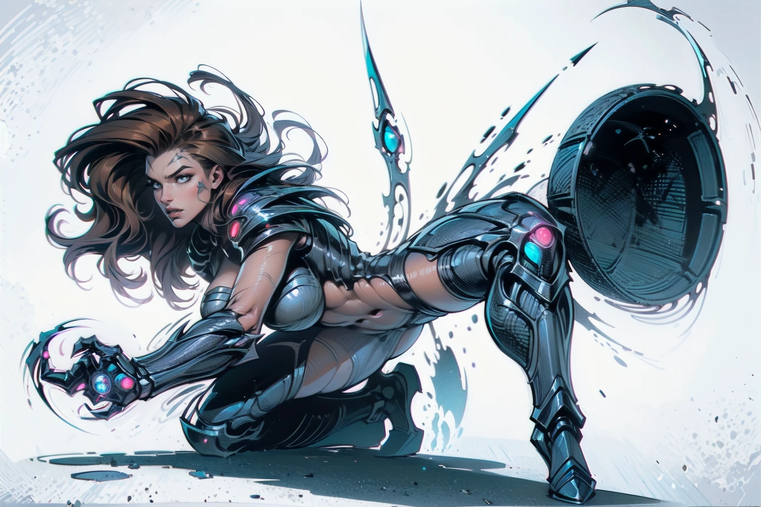 A dynamic and powerful depiction of a female warrior inspired by the Witchblade aesthetic. She has long flowing brown hair and wears an intricate, organic armor that fuses with her skin, glowing with mystical energy. Her pose is confident and commanding, showcasing her supernatural gauntlet-like weapon, which extends into sharp, otherworldly claws. The armor is adorned with sharp edges, bio-mechanical designs, and glowing patterns, emphasizing both elegance and menace. Her eyes glow faintly, hinting at her immense power. The background is stark white, allowing every detail of her form and armor to stand out clearly, creating a striking contrast. , (crawling on the floor), (white background)