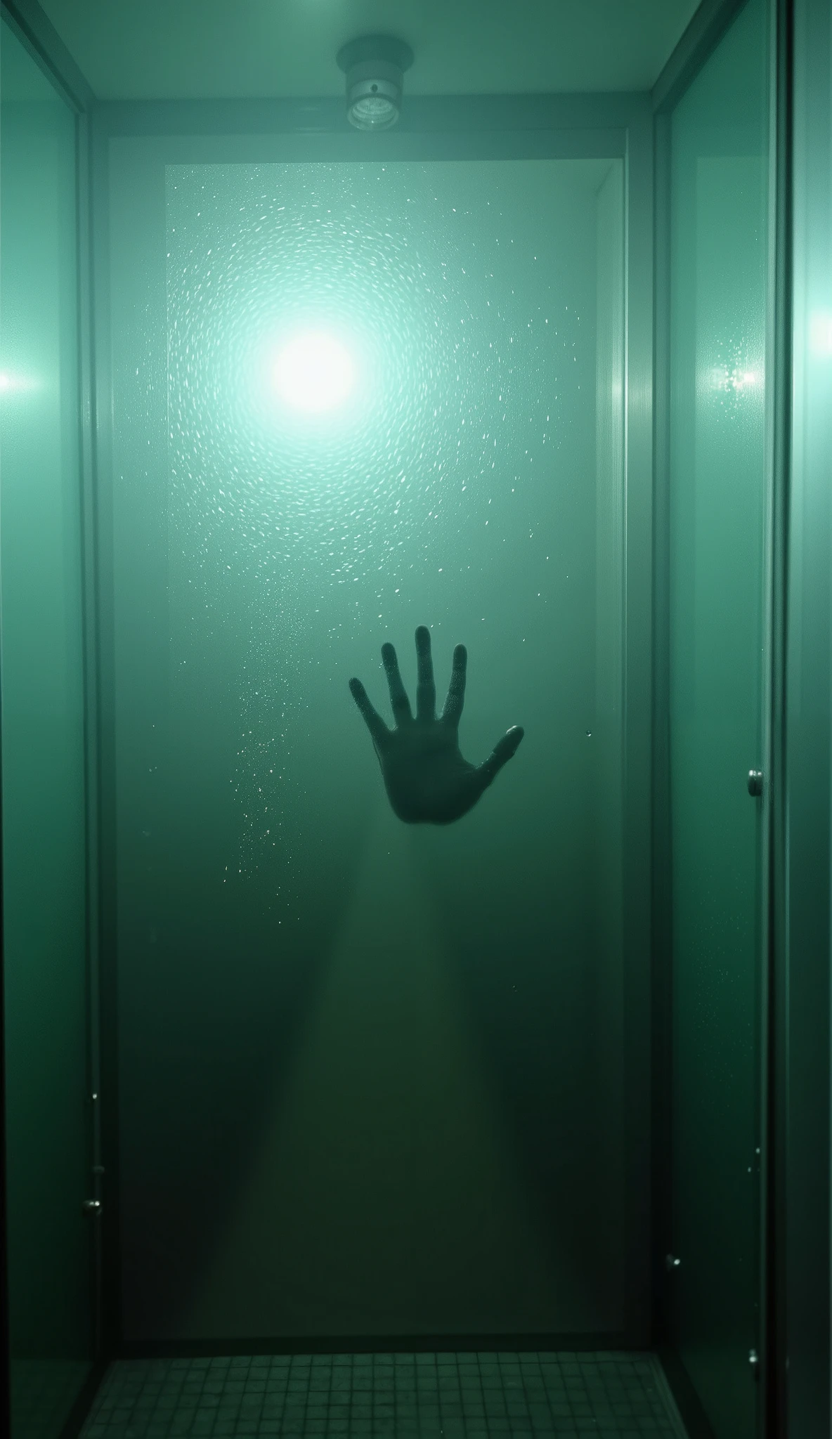 a 35mm photo of a handprint left on the steamy glass of a shower