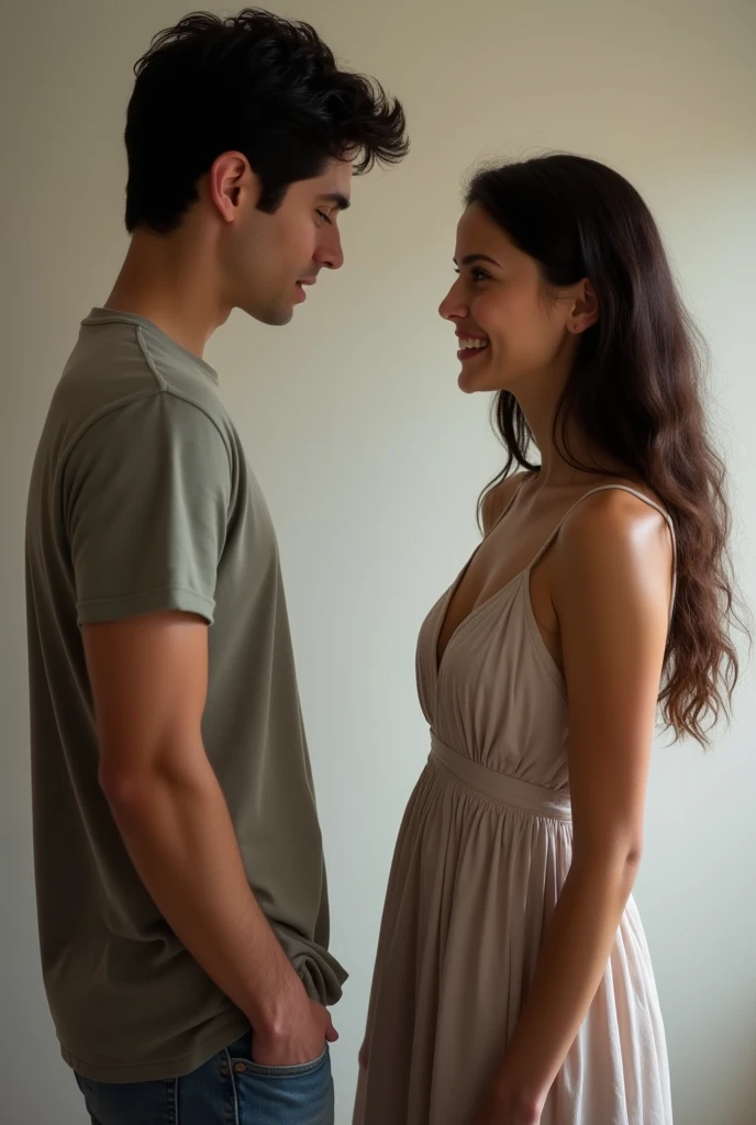 20 years old a handsome guy wore blue dress shirt and deep black hammer pants and his girlfriend wore white plain Co-ord Set and a cute brown hat front photo