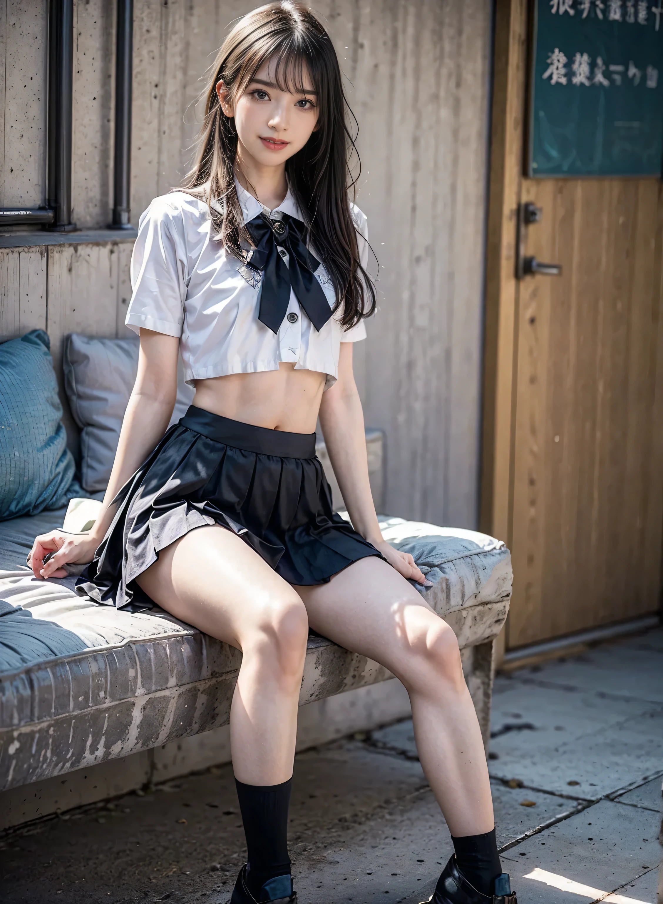 arafed asian woman in a skirt and a white shirt posing for a picture, japanese school uniform, japanese girl school uniform, wearing japanese school uniform, young gravure idol, realistic young gravure idol, young pretty gravure idol, Seifuku, cute schoolgirl, young skinny gravure idol, japanese model, jk uniform, beautiful anime high school girl, smile, wear black thigh high socks, Wear loafers,  video ,  long foot,  slender , whole body,  long black hair straight, purple mouthpiece ,  purple eyeshadow ，Open belly button, Open belly,   low waist mini skirt  ， Skirt open ，Skirt in half ，Open Skirt ，Not wearing underwear， No Panties ， without underwear ，Split thighs， shows thighs ，See the inside of the thigh ，See the belly ，Full view of thighs， See Full Right Thigh ，See the full left thigh，