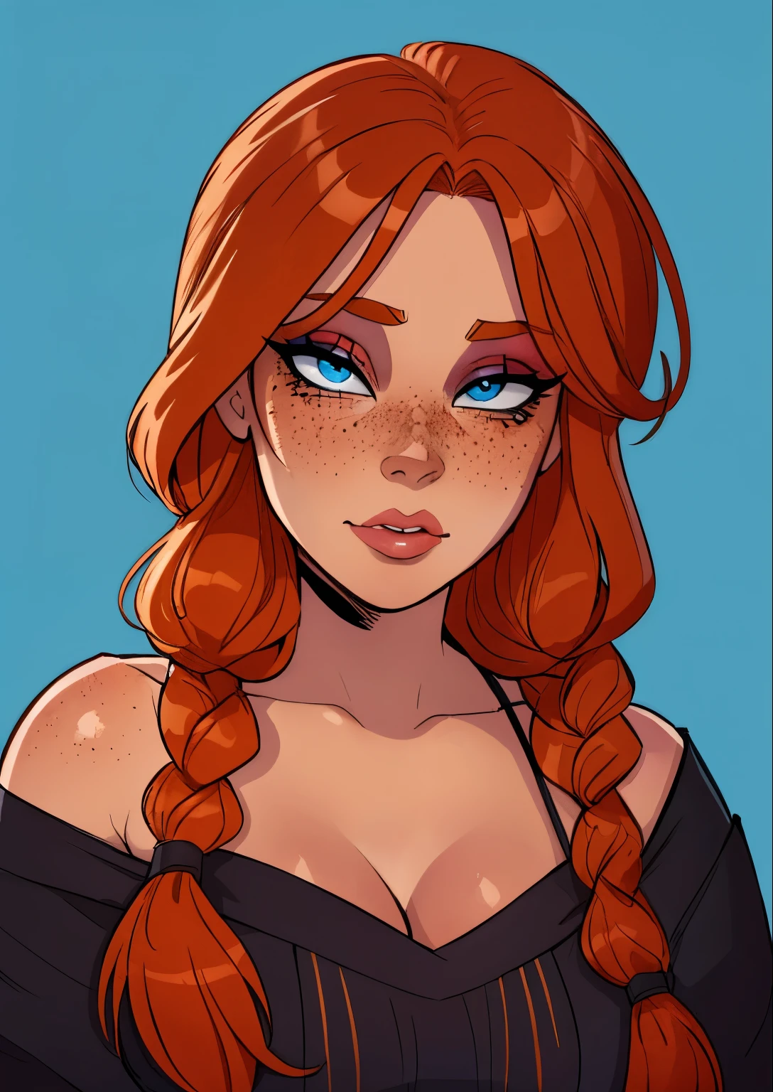 masterpiece, best quality, 1female, beautiful, face portrait, solo, deep makeup, 1girl, face focus, makeup, blue eyes, goth, shy, long hair, side braid, perfect fringe, ginger hair, brown skin, cinnamon skin, thick lineart, pinup, cell shading, nyantcha, freckles