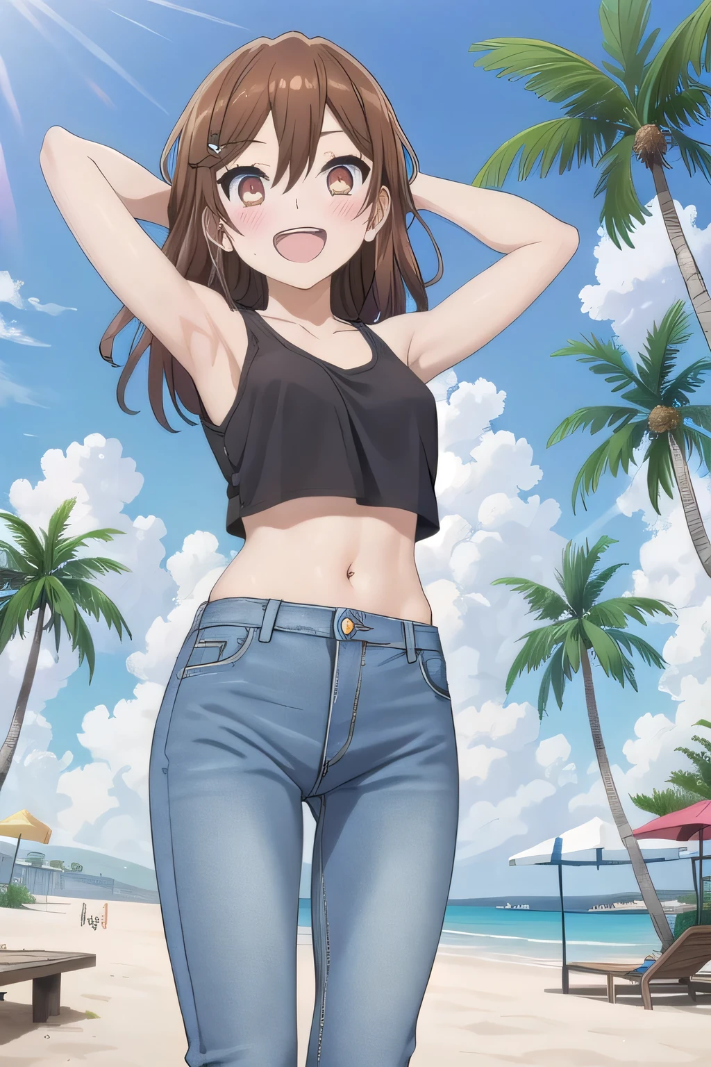 masterpiece,best quality,ultra detail,1girl, yo, pee, ((round face, ecstasy, orgasm face, drooping eyes, shame smiling, blush)), dropping eyes, sleepy, background((under the beach, (day:1.2), palm tree, bright sky)), Hori kyouko, long hair, brown hair, arms behind head, contrapposto, spread armpits, looking at viewer,, (white tank top:1.2), (white crop top:1.2), (jeans pants:1.2, flares jeans:1.2, skinny jeans:1.2, blue jeans:1.2), standing, (legs spread:1.2), sex pose, Sweaty crotch, Steam from the crotch, from below, full medium body