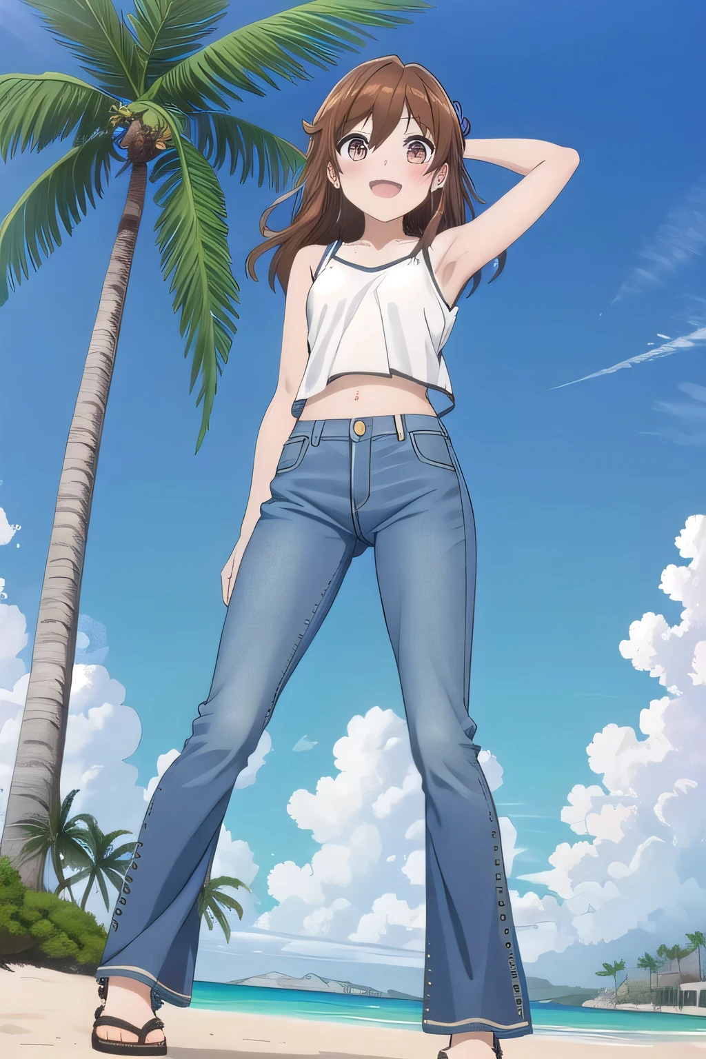 masterpiece,best quality,ultra detail,1girl, 14yo, petite, ((round face, ecstasy, orgasm face, drooping eyes, shame smiling, blush)), dropping eyes, sleepy, background((under the beach, (day:1.2), palm tree, bright sky)), Hori kyouko, long hair, brown hair, arms behind head, contrapposto, spread armpits, looking at viewer,, (white tank top:1.2), (white crop top:1.2), (jeans pants:1.2, flares jeans:1.2, skinny jeans:1.2, blue jeans:1.2), standing, (legs spread:1.2), sex pose, Sweaty crotch, Steam from the crotch, from below, full medium body