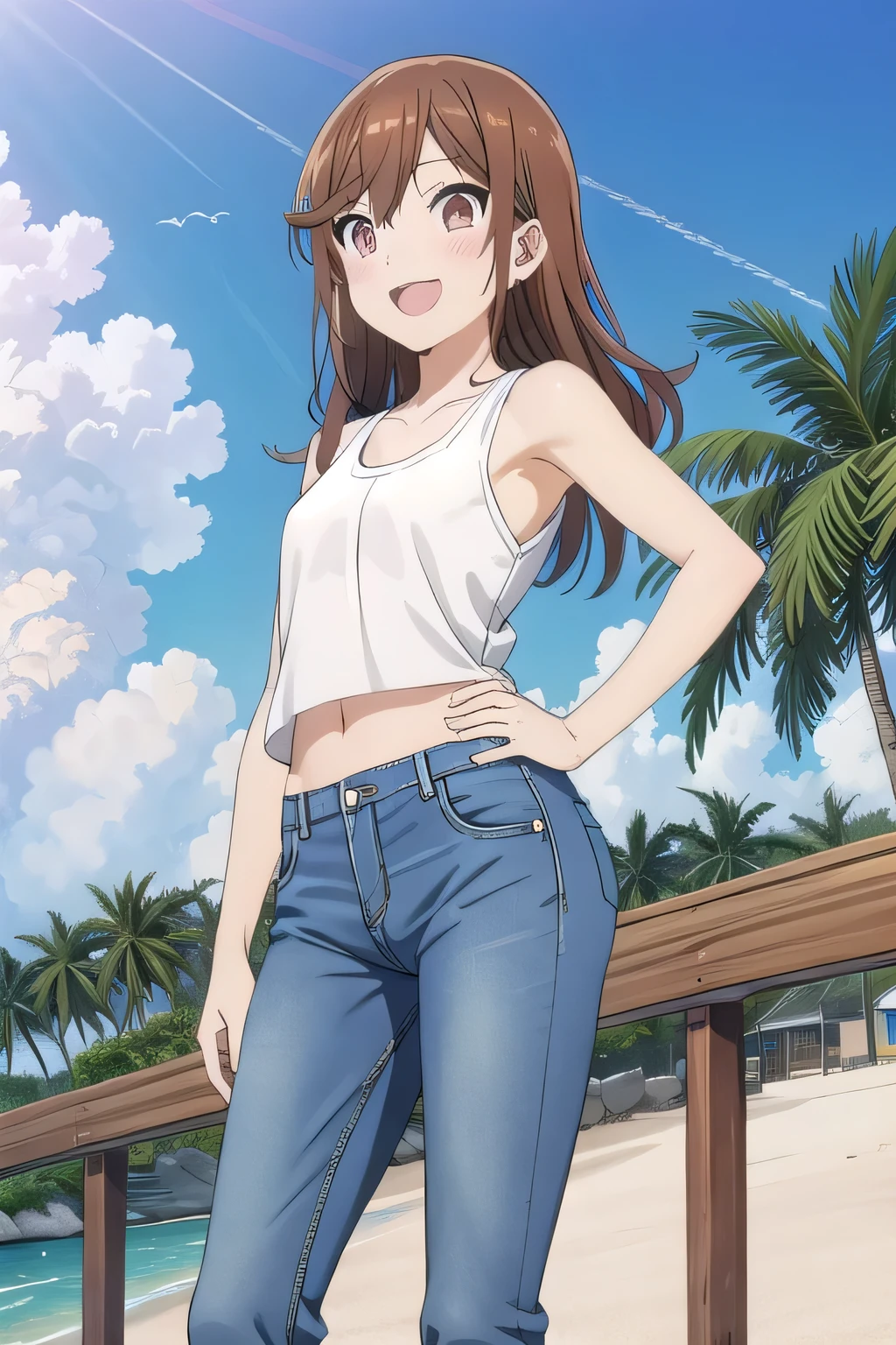 masterpiece,best quality,ultra detail,1girl, yo, pee, ((round face, ecstasy, orgasm face, drooping eyes, shame smiling, blush)), dropping eyes, sleepy, background((under the beach, (day:1.2), palm tree, bright sky)), Hori kyouko, long hair, brown hair, arms behind head, contrapposto, spread armpits, looking at viewer,, (white tank top:1.2), (white crop top:1.2), (jeans pants:1.2, flares jeans:1.2, skinny jeans:1.2, blue jeans:1.2), standing, (legs spread:1.2), sex pose, Sweaty crotch, Steam from the crotch, from below, full medium body