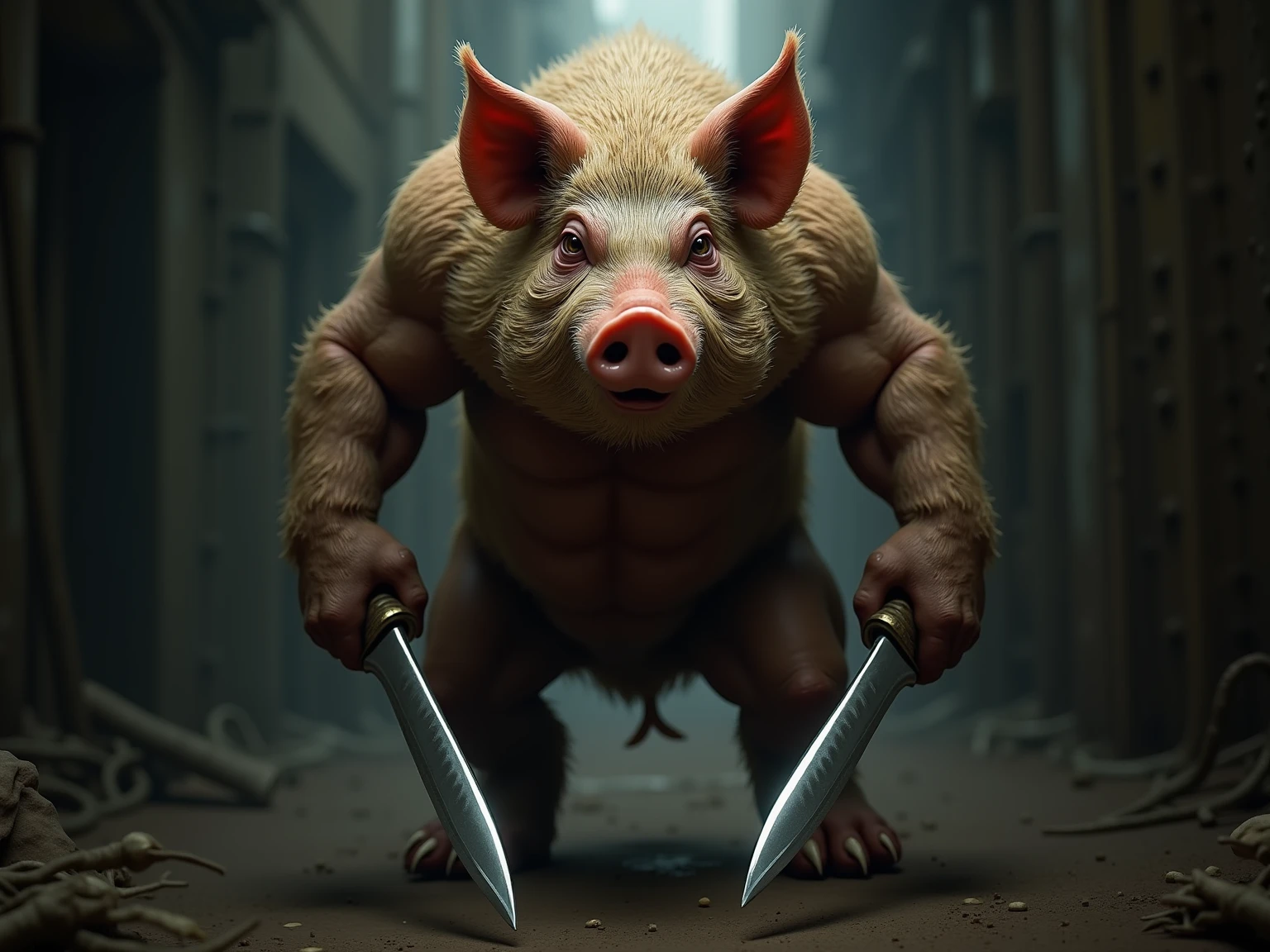 a pig ,thug Chinese style sword , angry