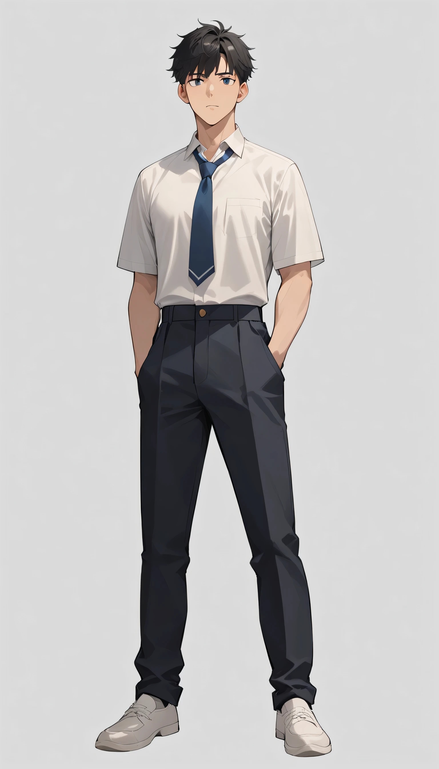solo, 1boy:1.5, in school uniform, white shirt tucked in black pants, neutral expression on face, serifuku, black hair, full view, standing, plain white background, full body view, looking at the viewer, from front view, slightly titled view