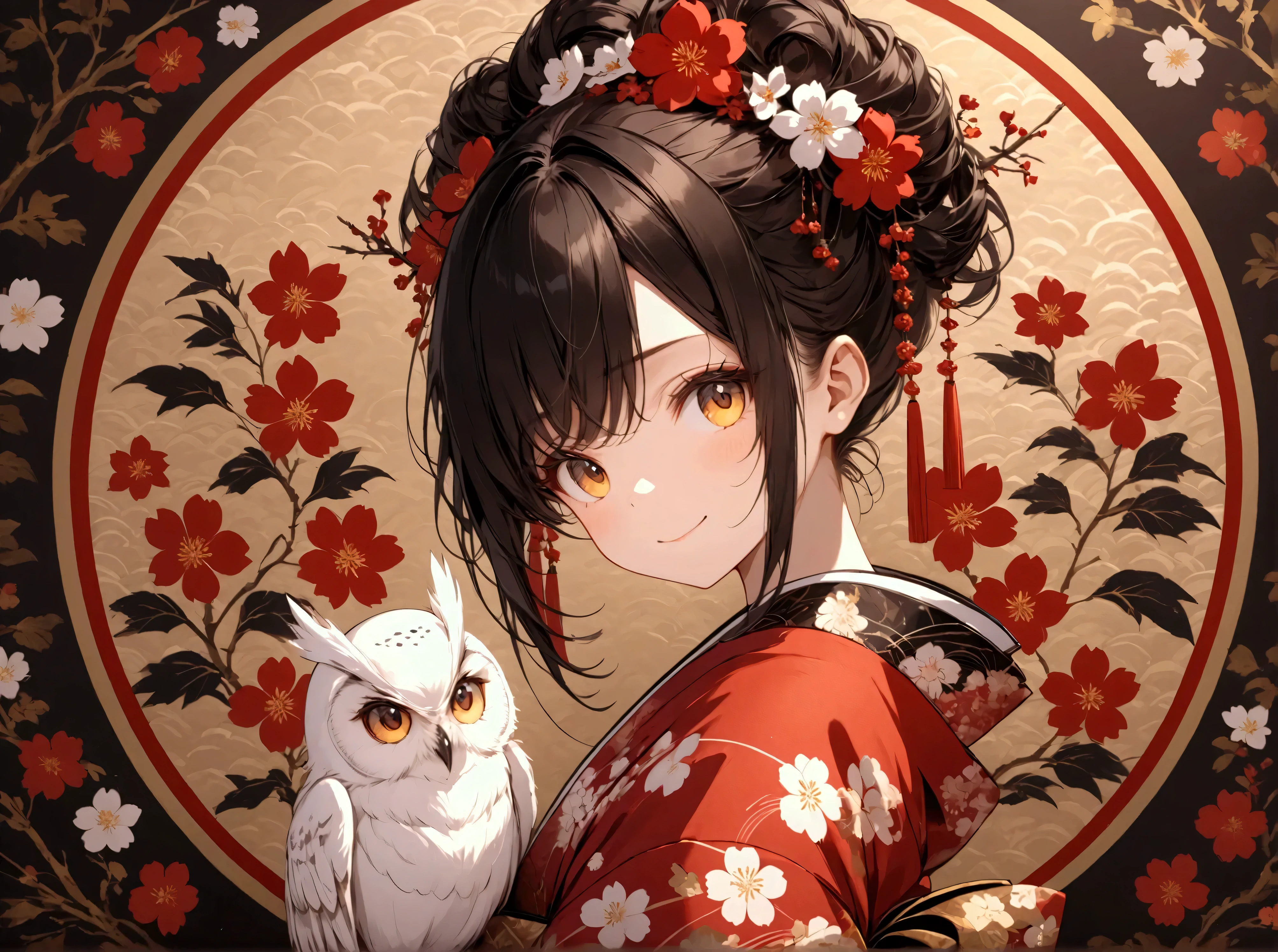 simple wall paper design,(((text:"Happy new year"))),a girl/( black hair,her hair up,big smile,wearing Japanese Kimono),only one little white owl on her shoulder,Background is a plum blossom motif ,Hand-drawn illustration, Dark colors, stylish anime ,(masterpiece, top quality :1.2)