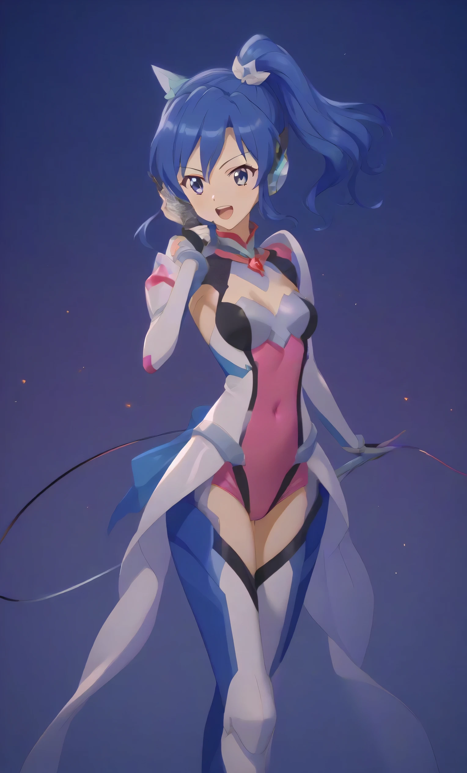 ,aikatsu,1 girls,in senki zesshou symphogear style , Blue hair,Side Pony tail,Blue and White battle suit,BREAK,ultra-definition, high resolution, ultra-detail CG,caustics, Live stage, in front of super large vision, singing, stand microphone ,